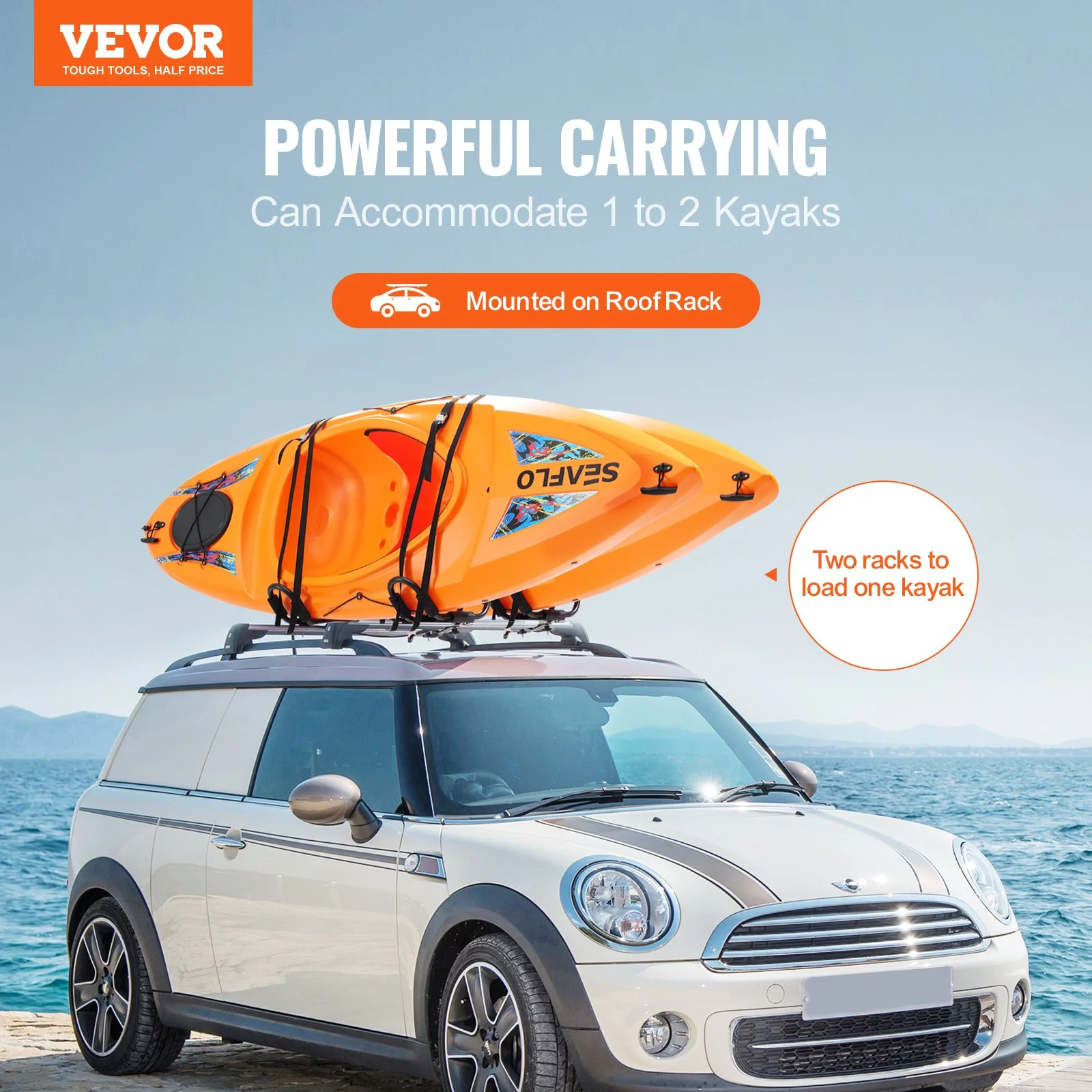 Kayak Roof Rack 2 Pairs J-Bar, Soft Roof Rack Quick Folding, Top Mount Tie Down, Carrier for kayak, Surf Board, Canoe, SUP, Ski Board, Mount on Car, SUV, Truck, 2 Kayaks - Image 9