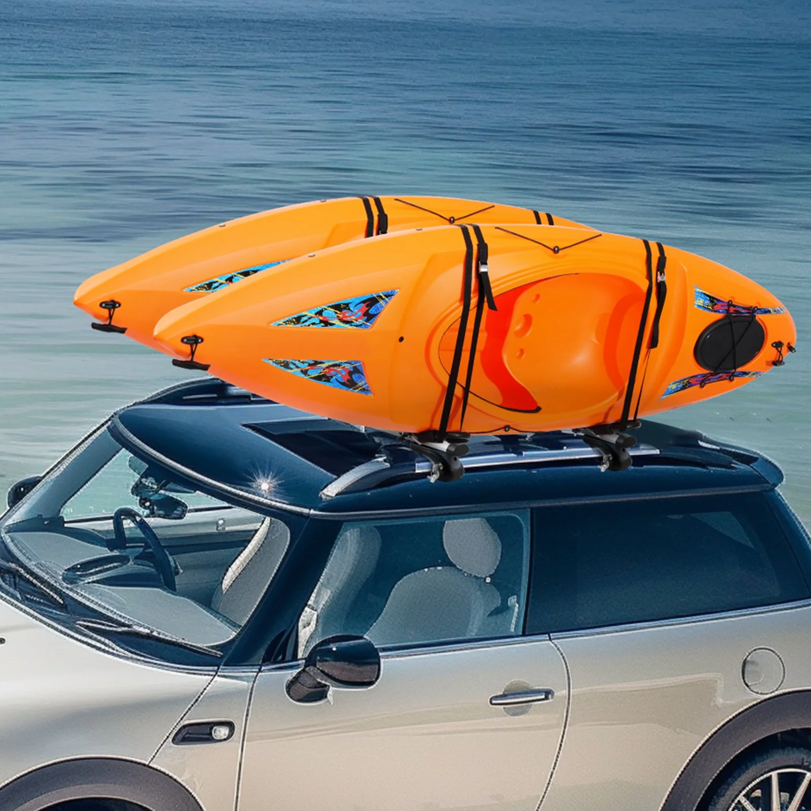 Kayak Roof Rack 2 Pairs J-Bar, Soft Roof Rack Quick Folding, Top Mount Tie Down, Carrier for kayak, Surf Board, Canoe, SUP, Ski Board, Mount on Car, SUV, Truck, 2 Kayaks - Image 10