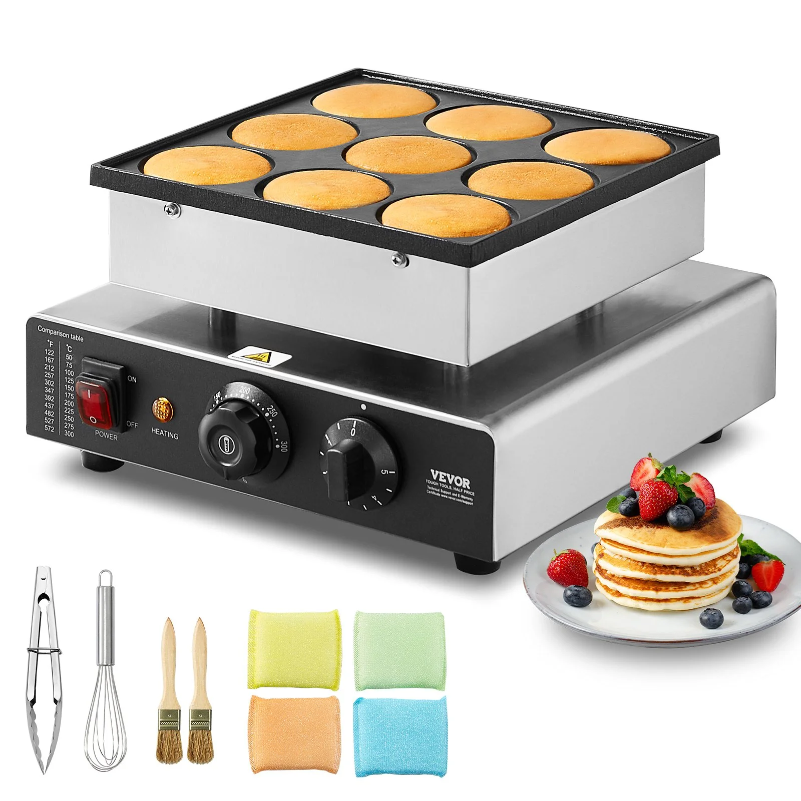 Dutch Pancake Maker, 9PCS 76mm Diameter Dorayaki Baker Machine, 850W Commercial Electric Poffertjes Grill, Non-stick Stainless Steel, Temp & Time Control, for Home Kitchen Restaurant Snack Bar