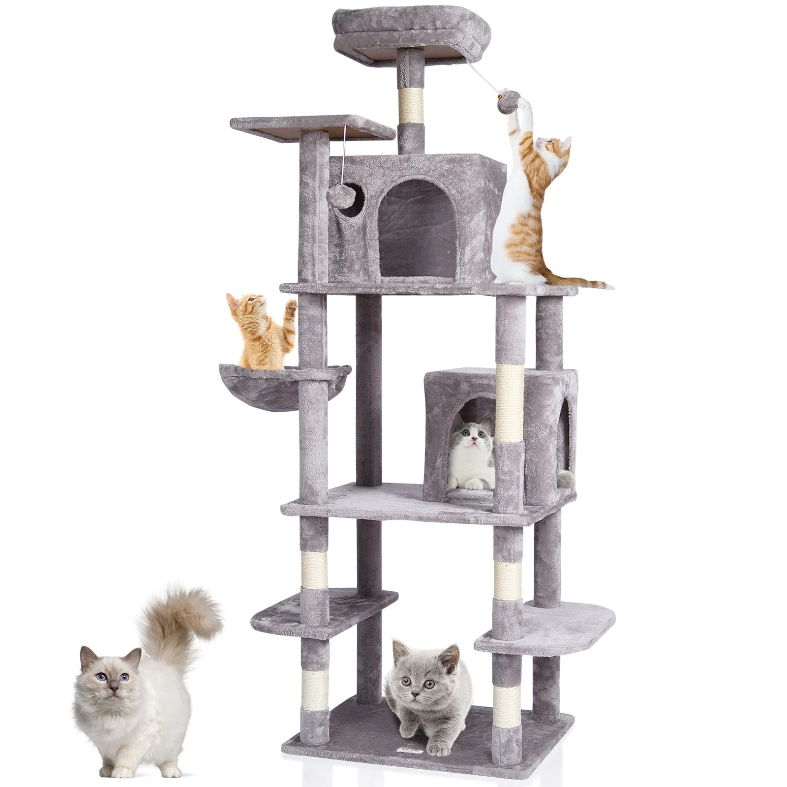 Cat Tree for Indoor Cats, 68.5" Cat Tower with 2 Cat Condos, Sisal Scratching Post, Hammock, Top Perch, Jumping Platforms, Large Cat Furniture Activity Center with Hang Ball, Light Grey