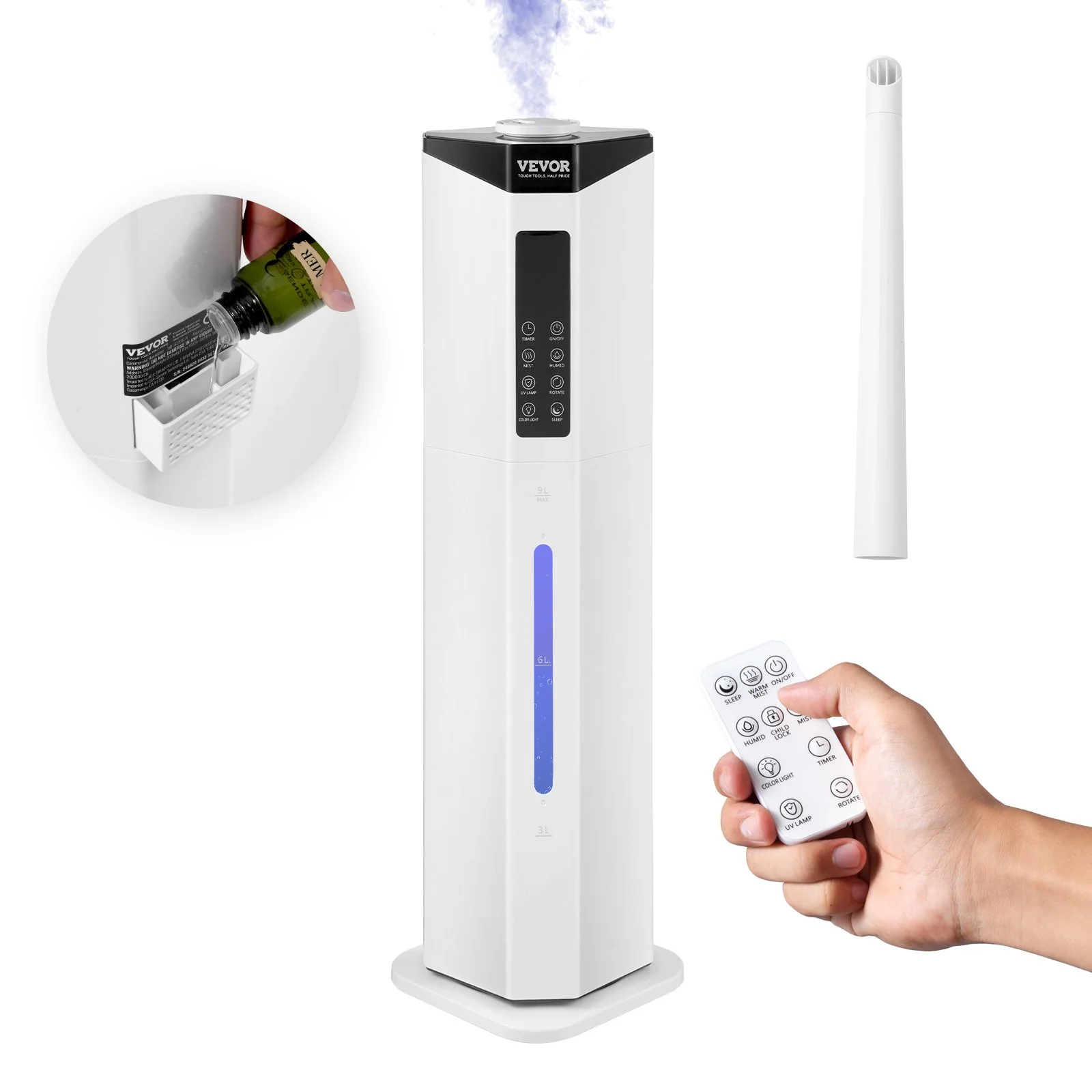 Commercial Humidifier, 2.4 Gal/9L 2-In-1 Cool/Warm Mist, Industrial Air Vaporizer for Room Up To 430.6 Sq Ft,Top Refill Humidifier w/ Auto Rotary Spray for Whole House,Greenhouse, Plant