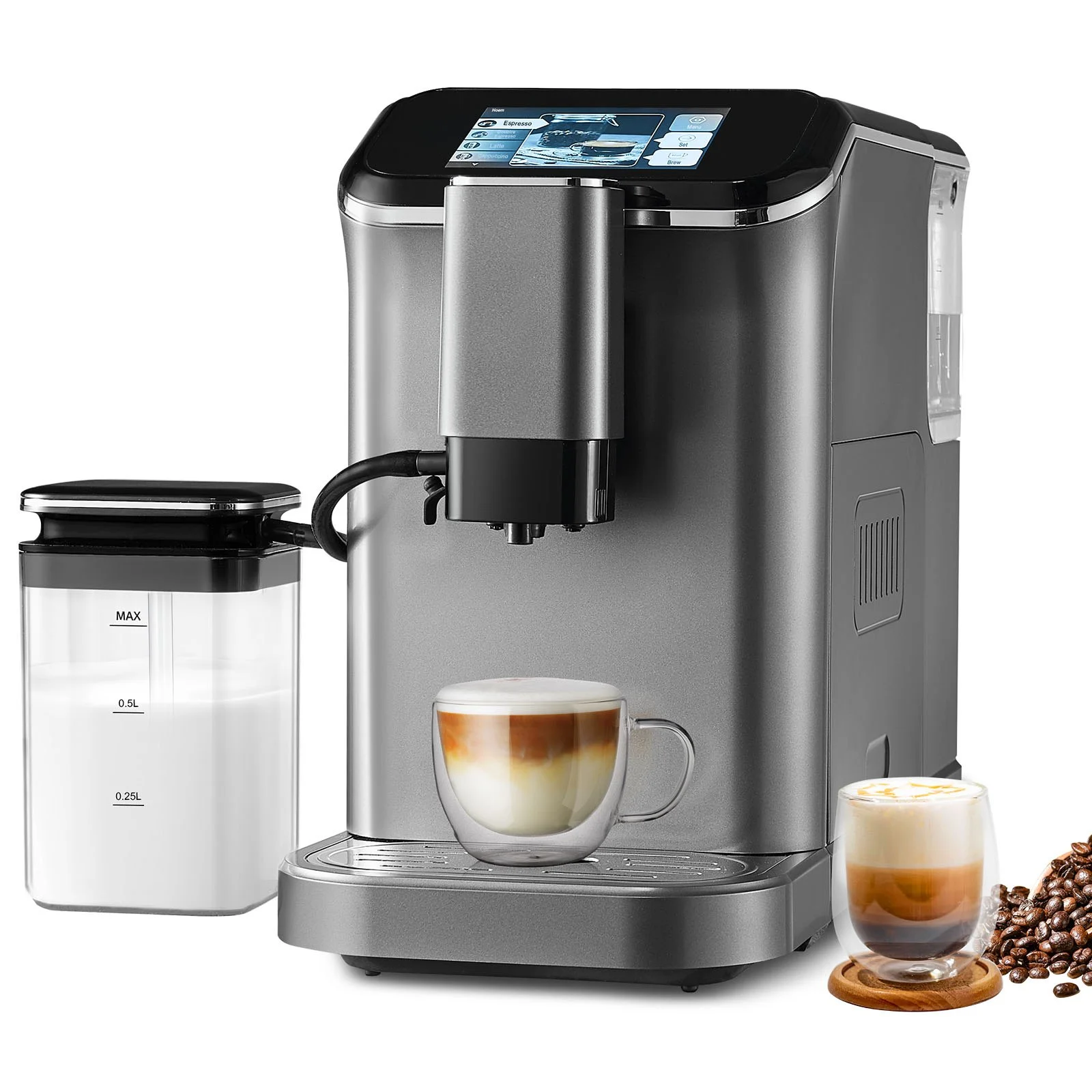 Fully Automatic Espresso Machine - with Automatic Milk Frother, 20 Bar Super-Automatic Cappuccino Latte Machine with TFT Touch Screen, Grinder, 15 Grinding Levels, and Removable Milk Reservoir