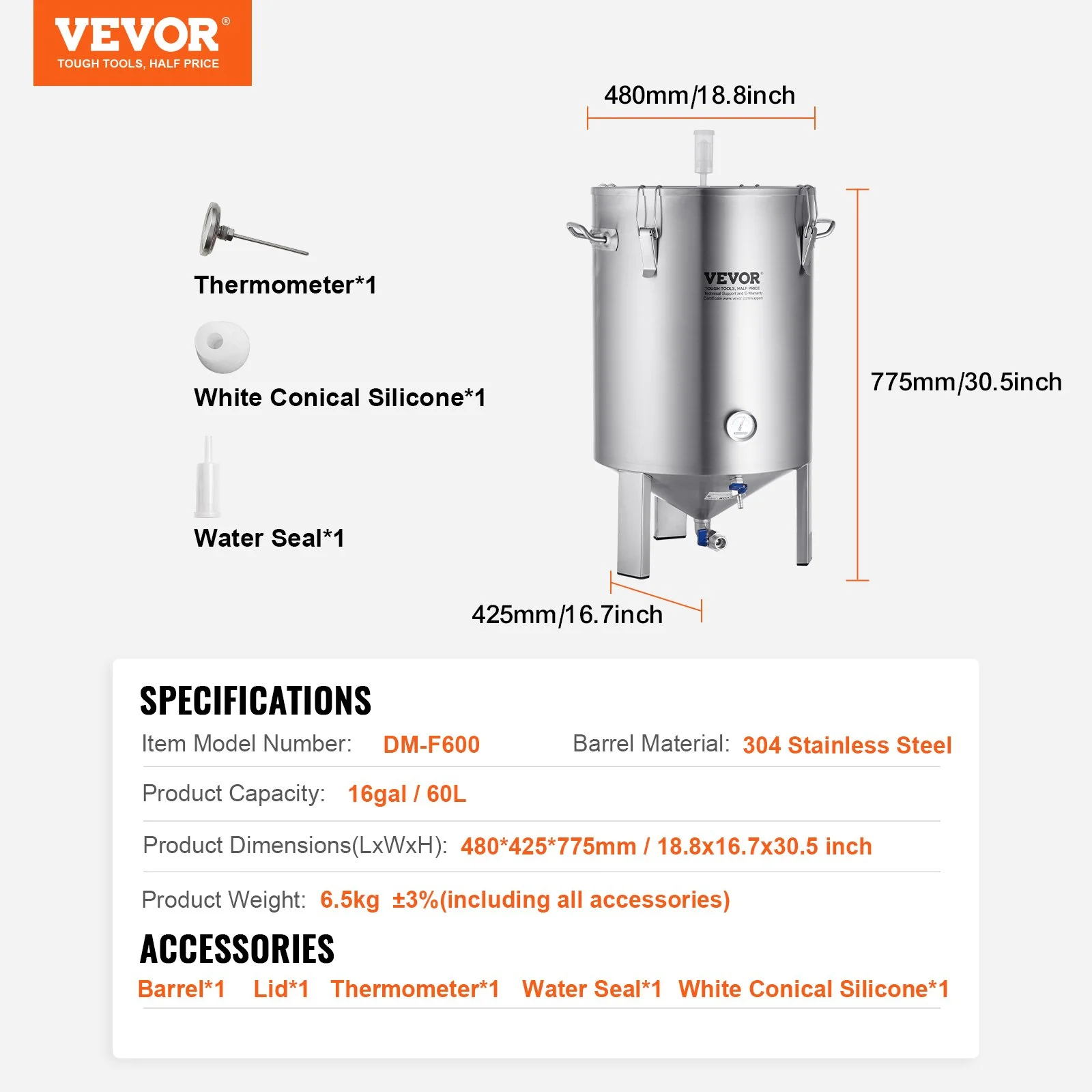 304 Stainless Steel Kettle, 16 GALLON Beer Brew Fermentor, Brew Bucket Fermentor for Brewing, Home Brewing Supplies with Base, Kettle Stock Pot Includes Lid, Handle, Valve, Spigot, Thermometer - Image 3