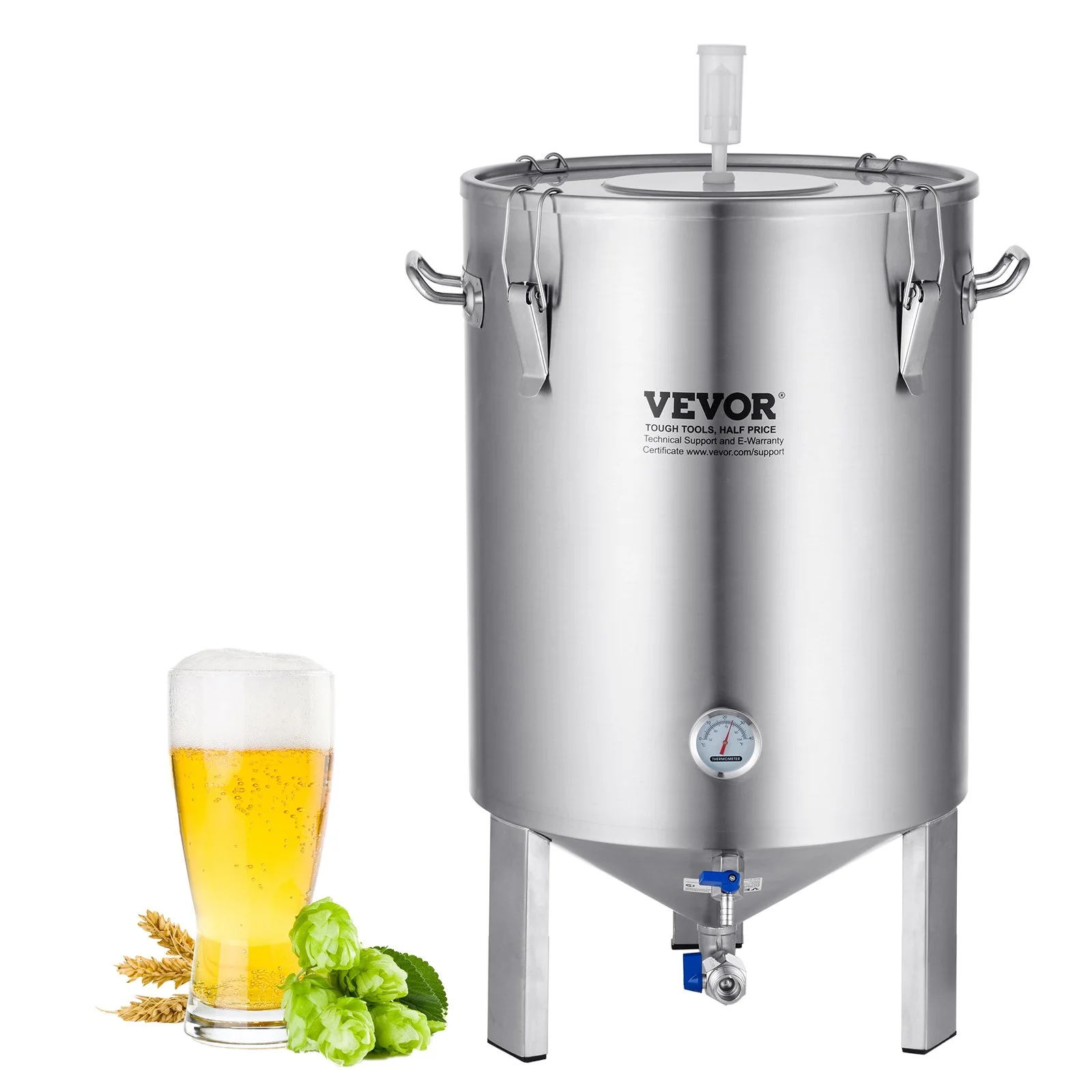304 Stainless Steel Kettle, 16 GALLON Beer Brew Fermentor, Brew Bucket Fermentor for Brewing, Home Brewing Supplies with Base, Kettle Stock Pot Includes Lid, Handle, Valve, Spigot, Thermometer