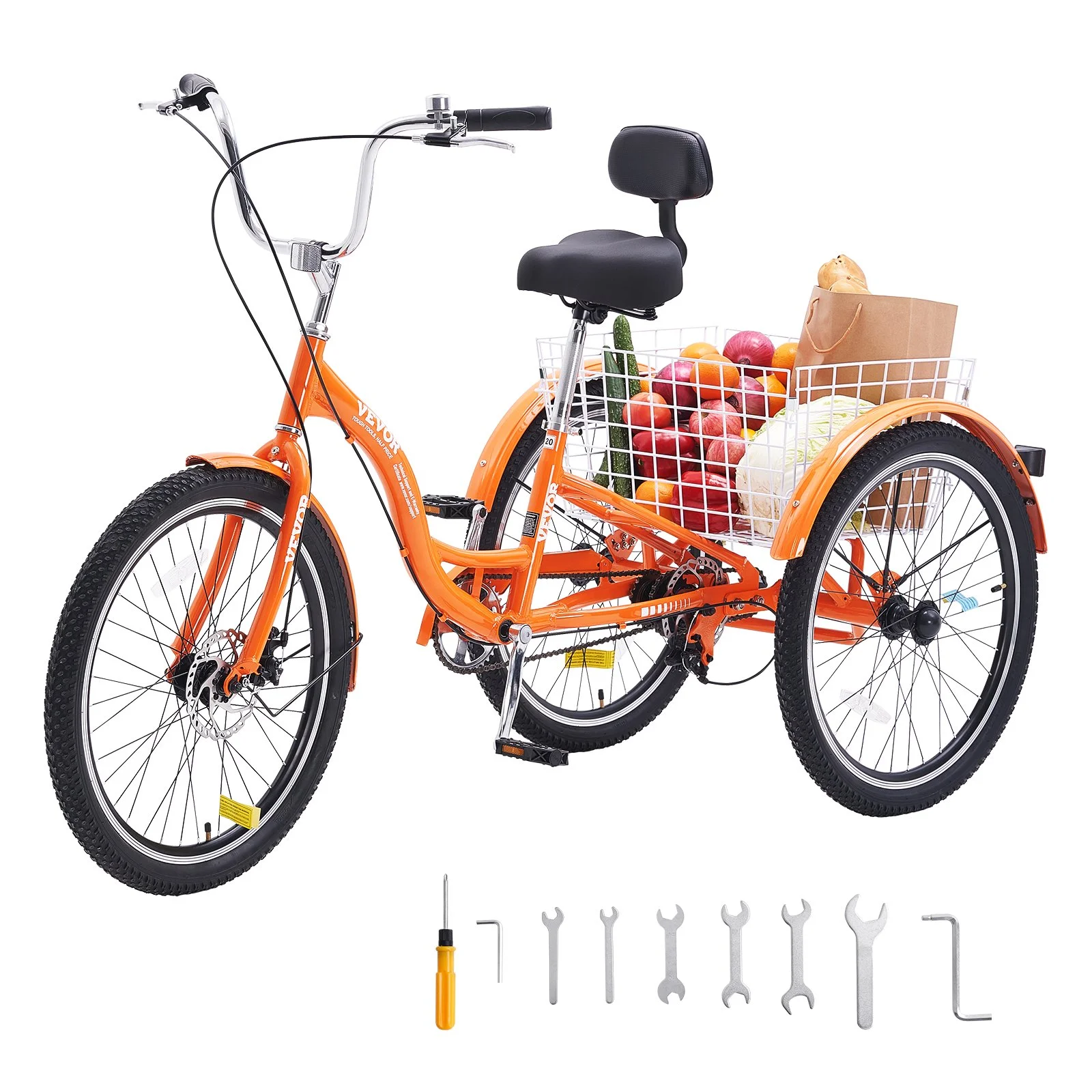 Adult Tricycles Bike, 20 Inch Three-Wheeled Bicycles, 3 Wheel Bikes Trikes, Aluminum Alloy Cruiser Bike with Basket & Adjustable Seat, Picnic Shopping Tricycles for Seniors, Women, Men (Orange)