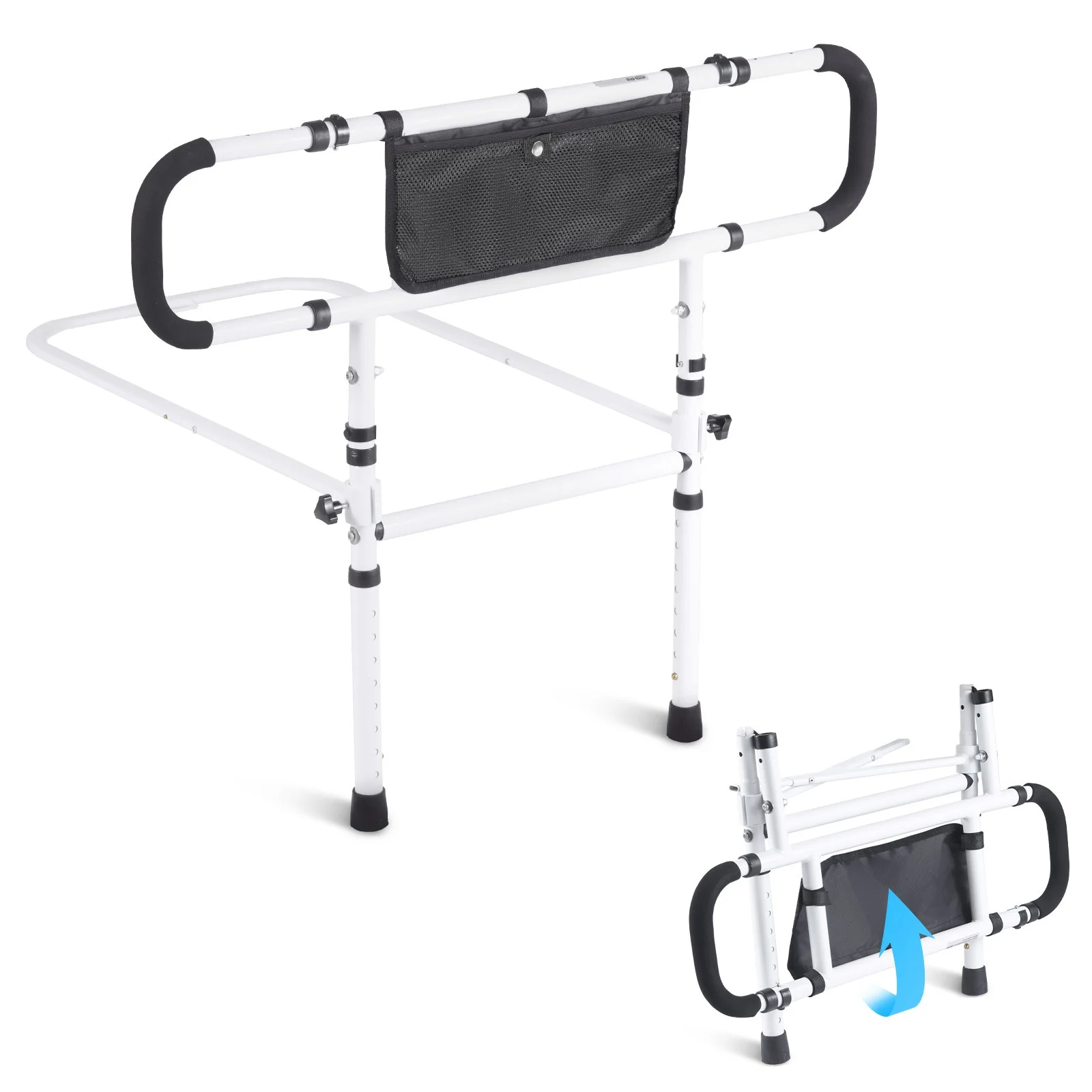 Bed Rails for Elderly Adults, 180° Foldable Bed Assist Rails for Seniors, 450LBS Loading Bed Side Rails Bed Cane with 4-Level Adjustable Handle, Storage Pocket Fits King Queen Full Twin Bed