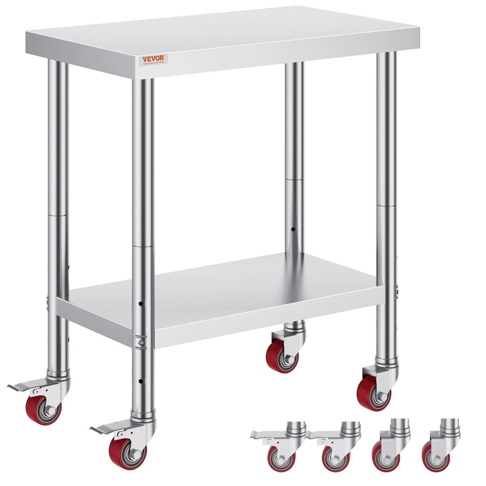 Stainless Steel Work Table 30 x 18 x 34 Inch, 700 LBS Load Capacity with 4 Wheels, 3 Adjustable Height Levels, Heavy Duty Food Prep Worktable for Commercial Kitchen Restaurant, Silver