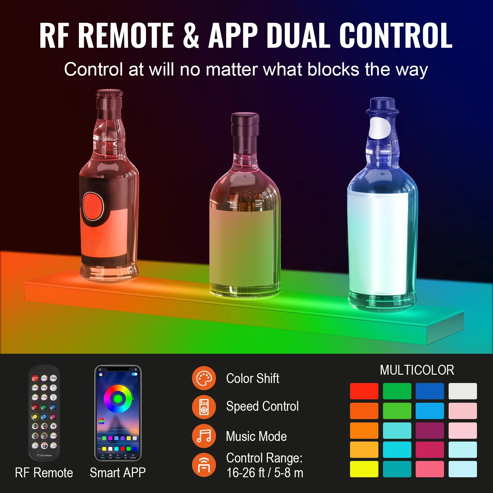 LED Lighted Liquor Bottle Display Bar Shelf RF & App Control 24" 1-Step White - Image 11