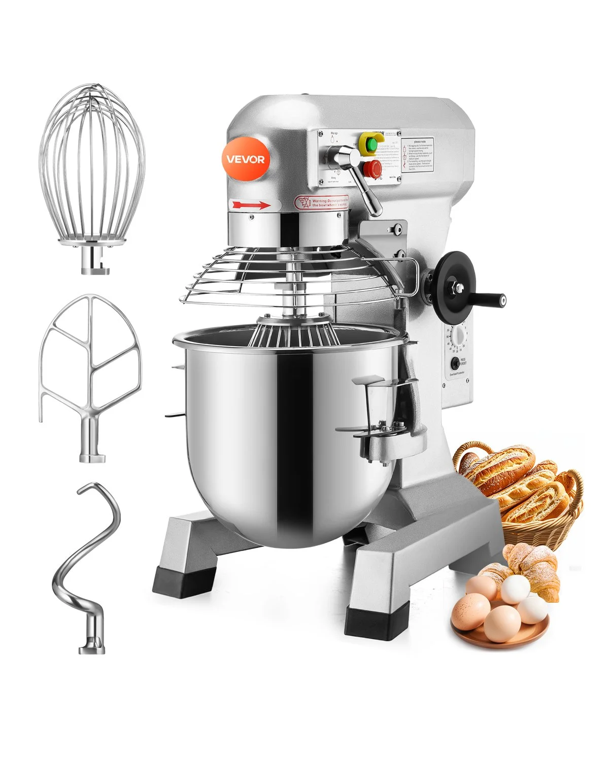 Commercial Food Mixer 20Qt 750W 3 Speeds Adjustable 105 180 and 408 RPM Food Processor Heavy Duty with Stainless Steel Bowl Dough Hooks Whisk Beater for Schools Bakeries Restaurants Pizzeria