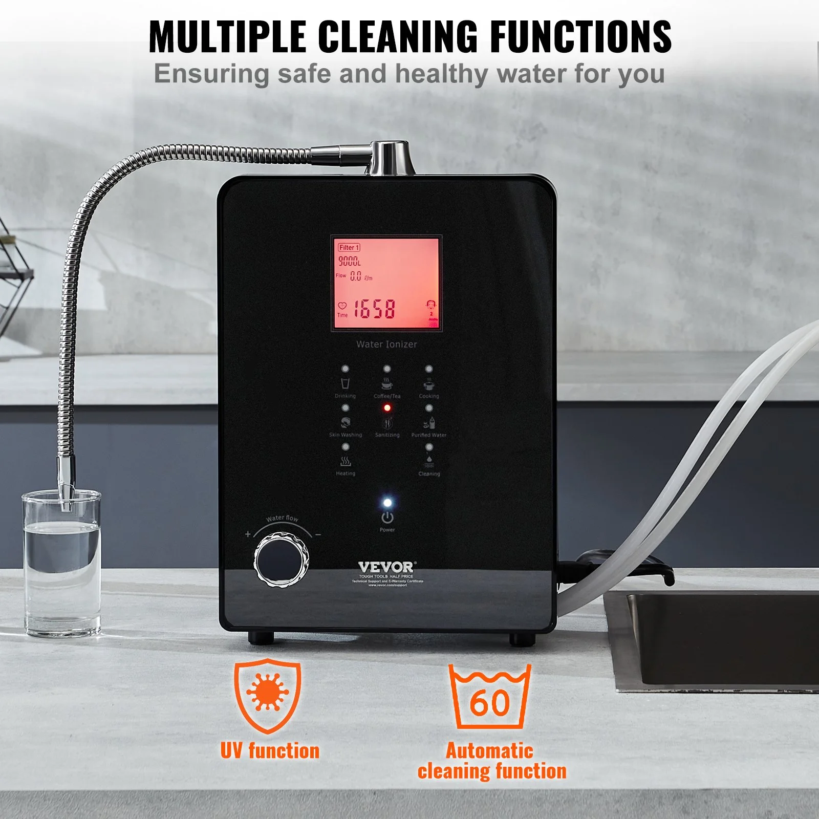 Alkaline Water Ionizer Machine, pH 3-11.2 Alkaline Acidic Hydrogen Water Purifier, 6 Water Settings Home Filtration System, Up to -800mV ORP, 9000L Per Filter, UV Function, Water Heating - Image 4