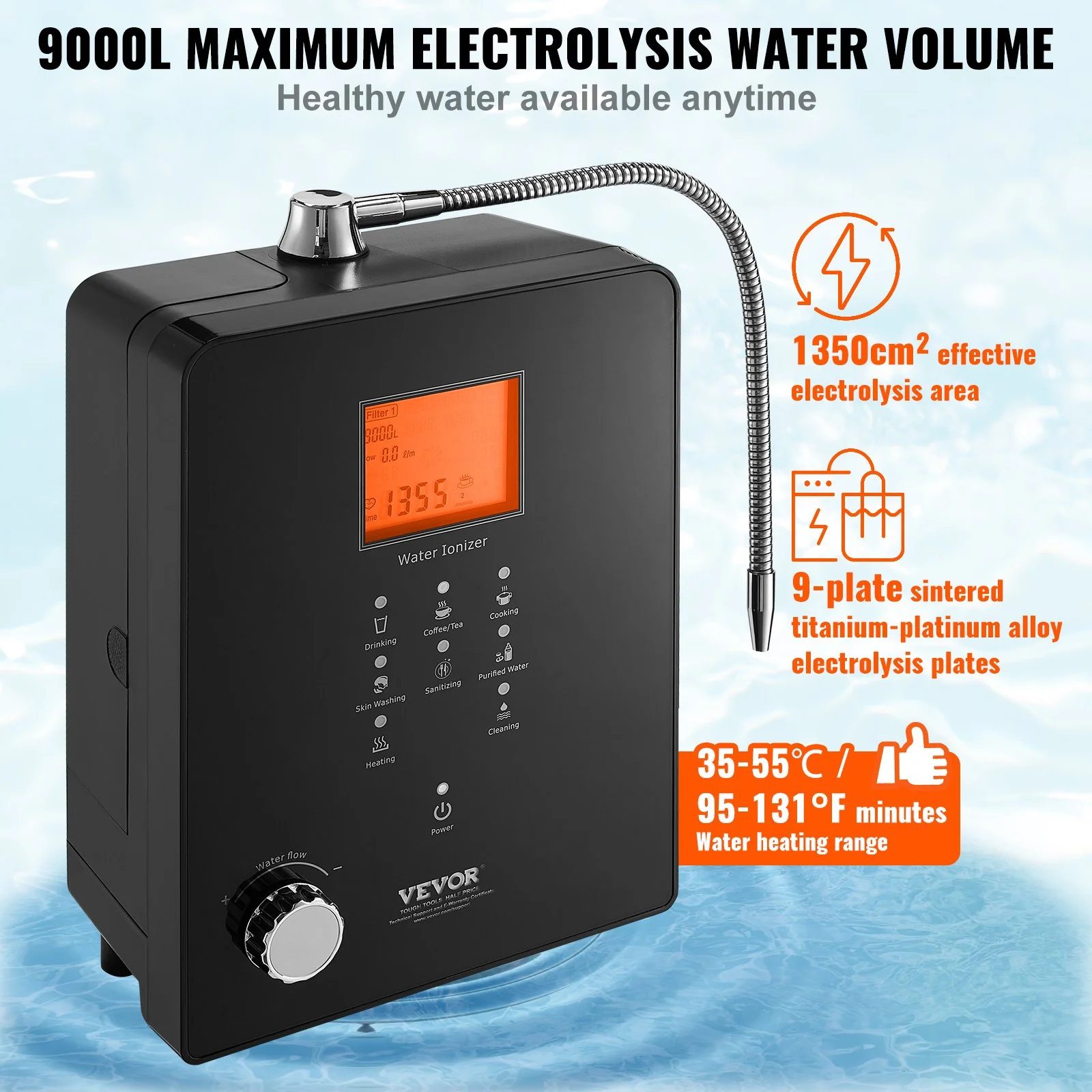 Alkaline Water Ionizer Machine, pH 3-11.2 Alkaline Acidic Hydrogen Water Purifier, 6 Water Settings Home Filtration System, Up to -800mV ORP, 9000L Per Filter, UV Function, Water Heating - Image 3