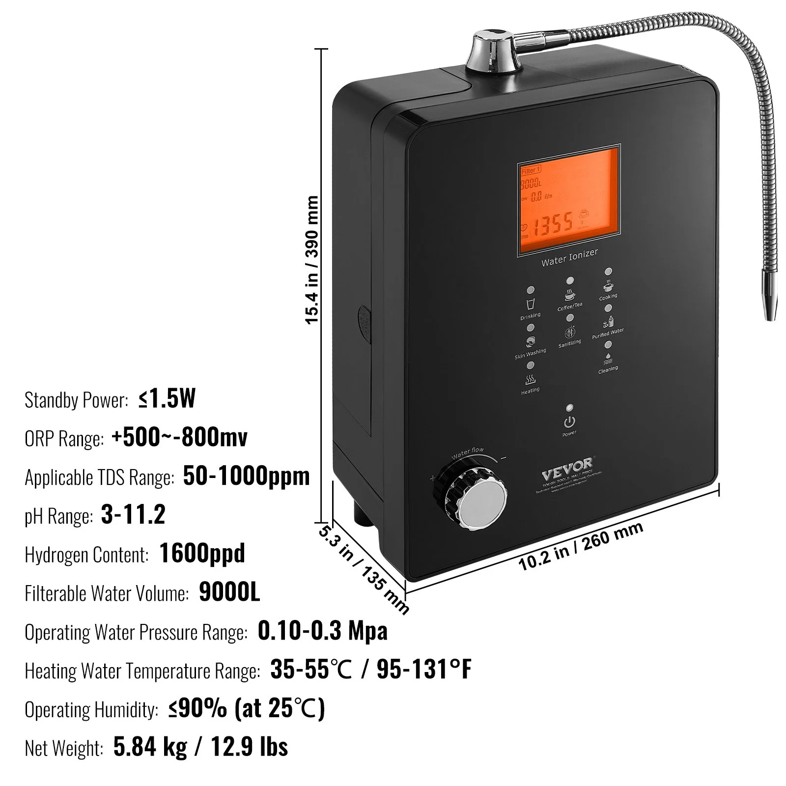 Alkaline Water Ionizer Machine, pH 3-11.2 Alkaline Acidic Hydrogen Water Purifier, 6 Water Settings Home Filtration System, Up to -800mV ORP, 9000L Per Filter, UV Function, Water Heating - Image 5