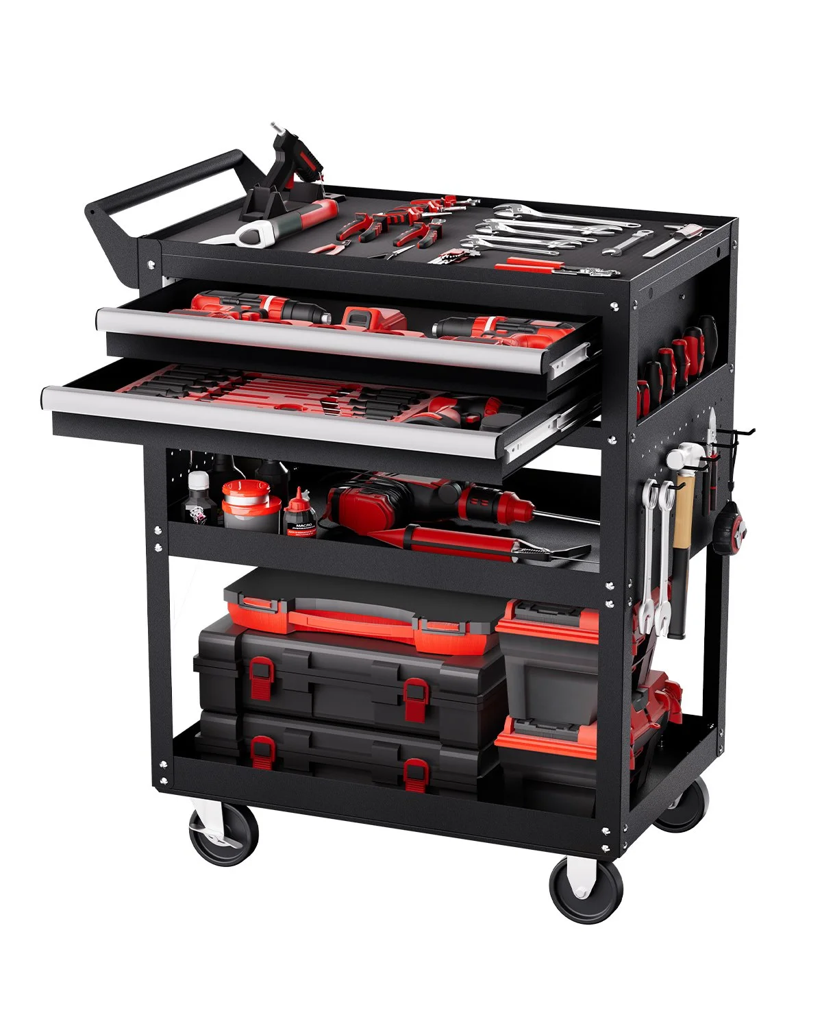 5-Tier Tool Cart with Wheels, 400 lbs Load Capacity, Rolling Work Cart with 2 Drawers & Pegboard, Mechanic Tool Storage Organizer with Locking System for Garage, Warehouse and Repair Shop, Black
