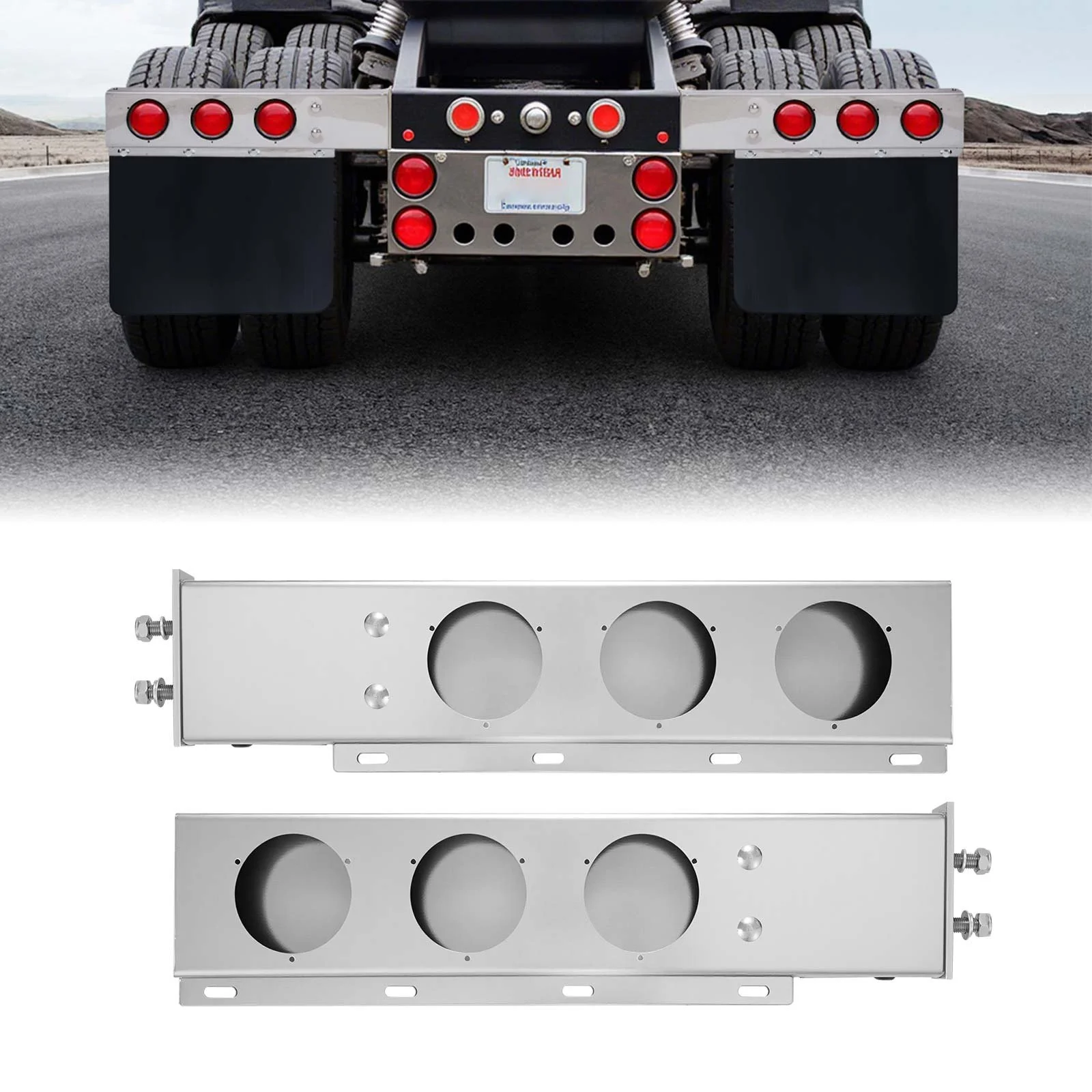 Stainless Steel Mud Flap Hangers with Light Cutouts, 2-1/2" Bolt Spacing, Spring Loaded Mudflap Hangers for Semi Trucks, 1 Pair Heavy Duty Semi Truck Mud Flap Hanger Set, Silver