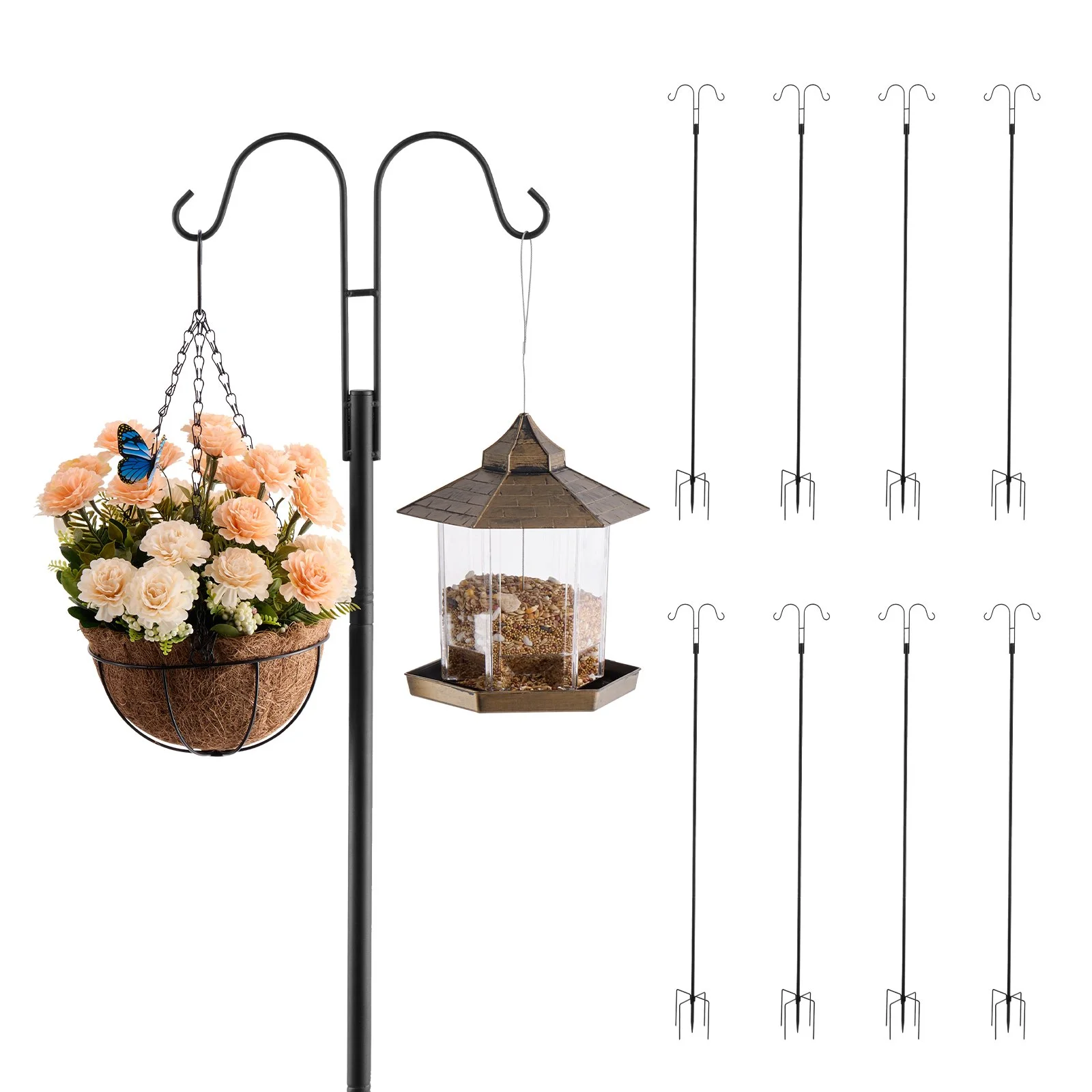 Double Shepherds Hooks for Outdoor, 8 Pack 92 Inch Heavy Duty Bird Feeder Pole, 3/4 Inch Thick Garden Hooks for Hanging Hummingbird Feeder, Plant Baskets, Solar Light Lanterns,Wind Chimes