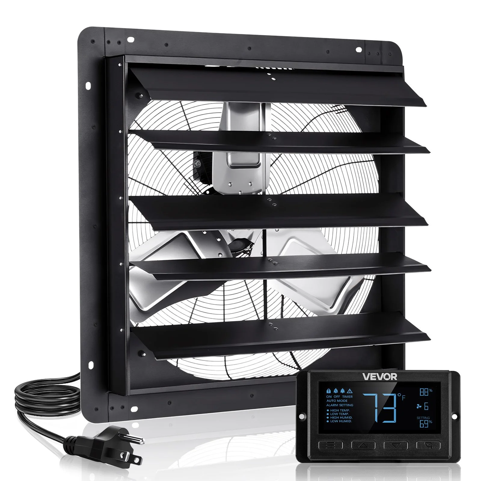 24 inch Shutter Exhaust Fan, Wall Mounted Attic Vent Fan with Smart Programming Variable Speed Temperature Control, 2900 CFM,EC Motor,Timer, for Shed,Garage,Greenhouse Ventilation Cooling,Black