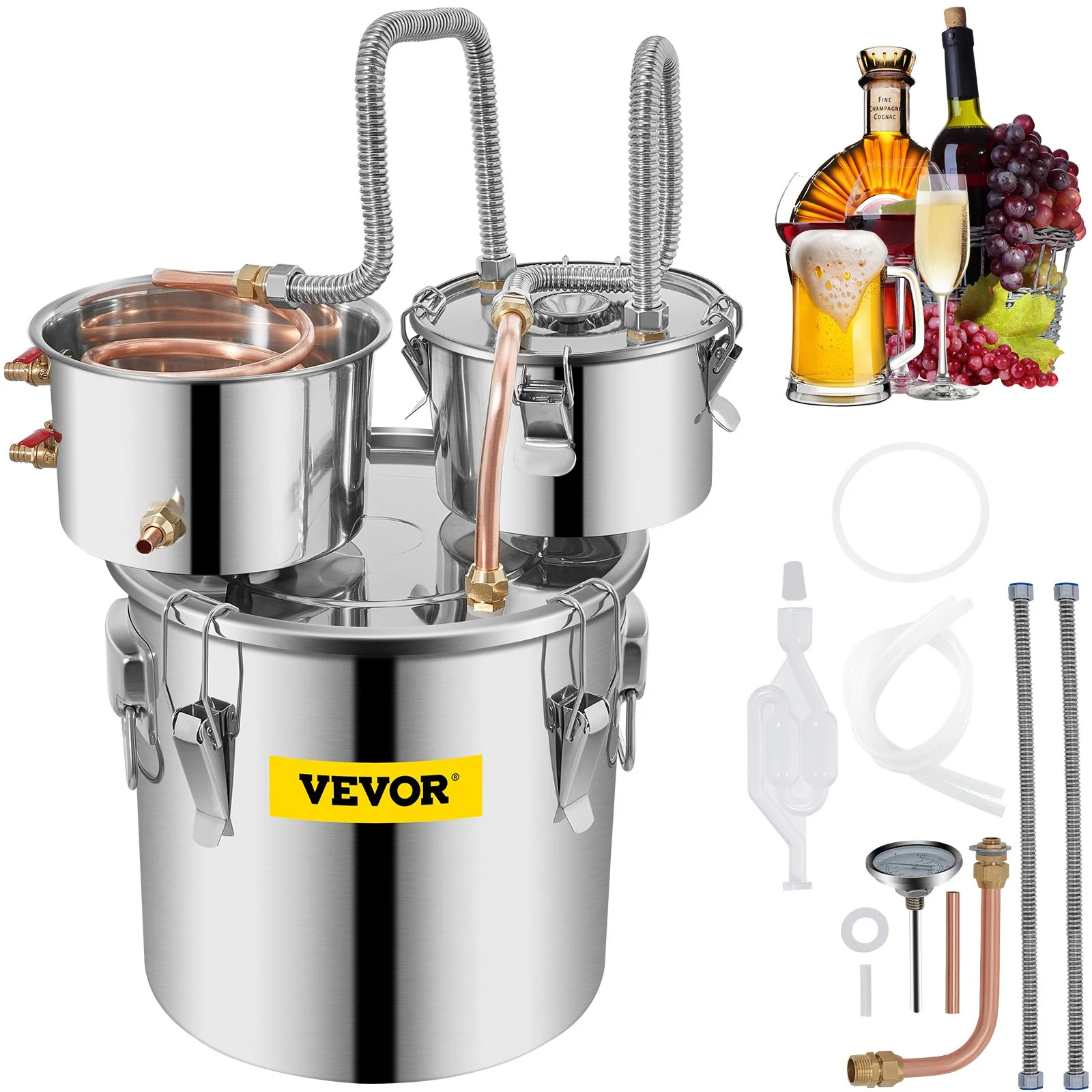 Moonshine Still Distiller 3Gal 12L Stainless Steel Water Distiller Copper Tube with Circulating Pump Home Brewing Kit Build-in Thermometer for DIY Whisky Wine Brandy Spirits
