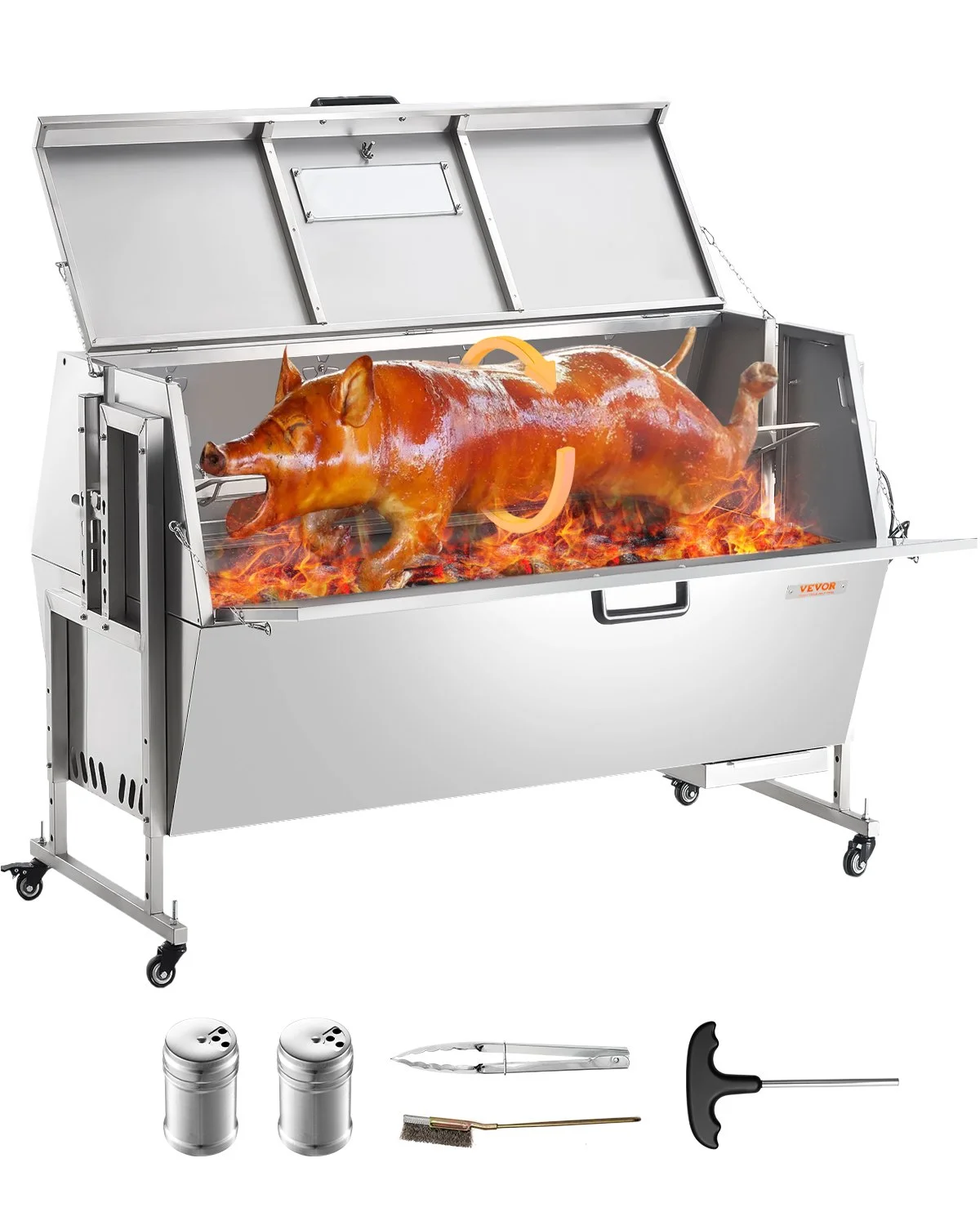 60W Rotisserie Grill with Hooded Cover, 56 Inch Pig Lamb Goat Rotisserie Grill Roaster, 286Lbs Capacity, Stainless Steel Charcoal Spit Roaster with Lockable Wheels, for Camping Outdoor Barbecue