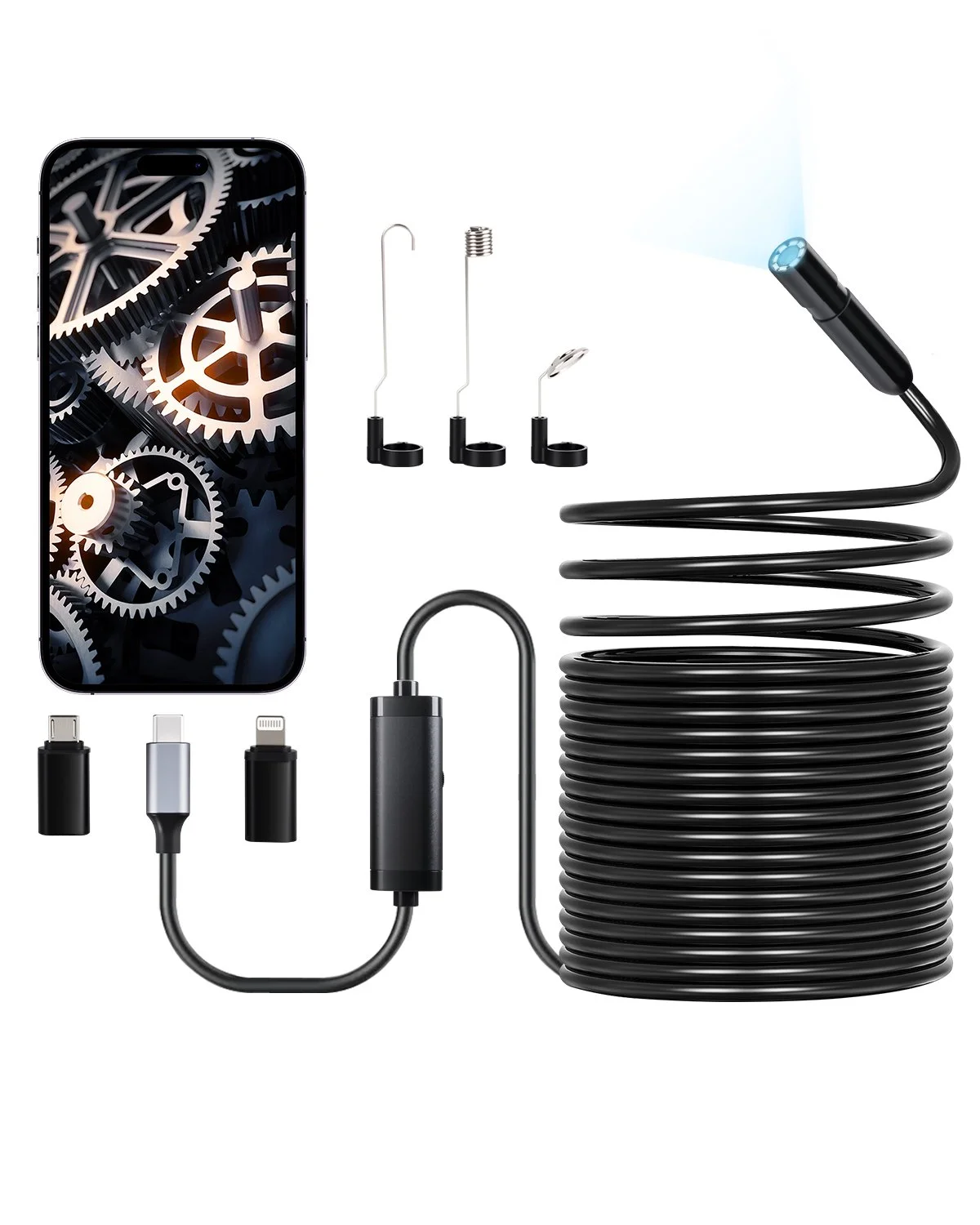 Endoscope Camera with 49.2FT Semi-Rigid Cable, 1920P HD Borescope for Android & IOS, Industrial Inspection Camera with Light - 8 LED, 2X Zoom, IP67 Waterproof Snake Camera for Auto, Plumbing