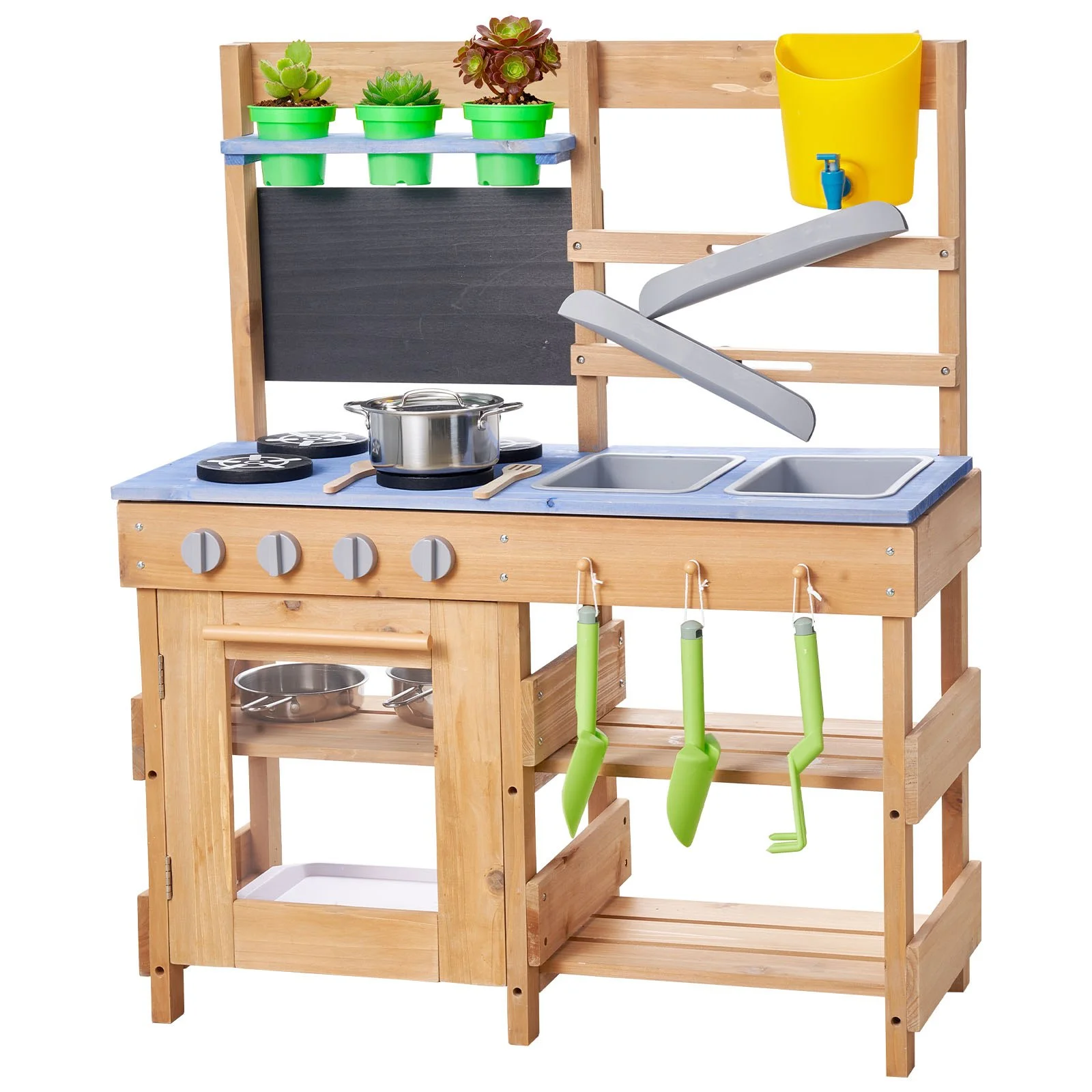 Mud Kitchen, Outdoor Mud Kitchen for Kids, Wood Outdoor Play Kitchens with Stoves, Hooks, Sinks, Planting Shovels, Spatulas, Handle, Cookware Pots and Accessories, Play with Water and Sand