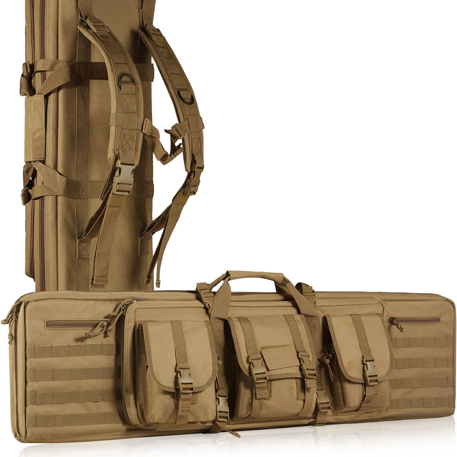 Rifle Bag, 36 inch Tactical Double Long Gun Bag, Soft Rifle Case with Lockable Zipper, Portable Handle & Shoulder Strap, 3 Large Storage Pockets Rifle Case for Two 34" Rifles & 2 Pistols, Brown