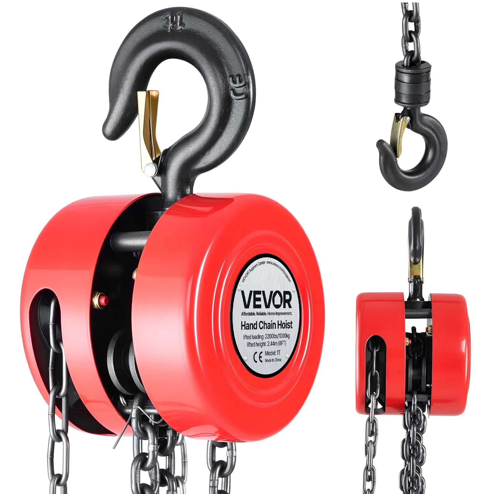 Hand Chain Hoist, 1 Ton 2200 lbs Capacity, Manual Chain Block with Upgrade G70 Galvanized Chain, 8 ft Lifting Height, Heavy Duty Pulley Hoist for Garage Warehouse Automotive Machinery, Red