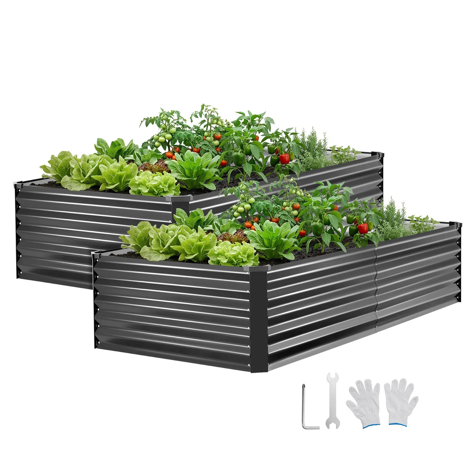 2 Pack Galvanized Raised Garden Beds, 6.67 x 3.35 x 1.51 ft, Rectangular Metal Planter Boxes Kit Outdoor, Elevated Planting Box with Gloves, Alu-Zinc, for Growing Flowers Vegetables, Dark Gray