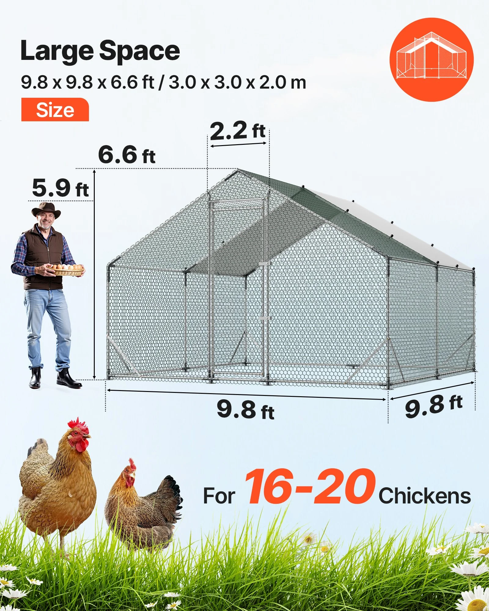 Large Metal Chicken Coop,9.8 x 9.8 x 6.6 ft, Walk-in Chicken Run House with Waterproof Cover & Sturdy Frame, Spire Roof Poultry Cage Duck Pen for Rabbit Hen Goose Outdoor Backyard Farm Use - Image 4