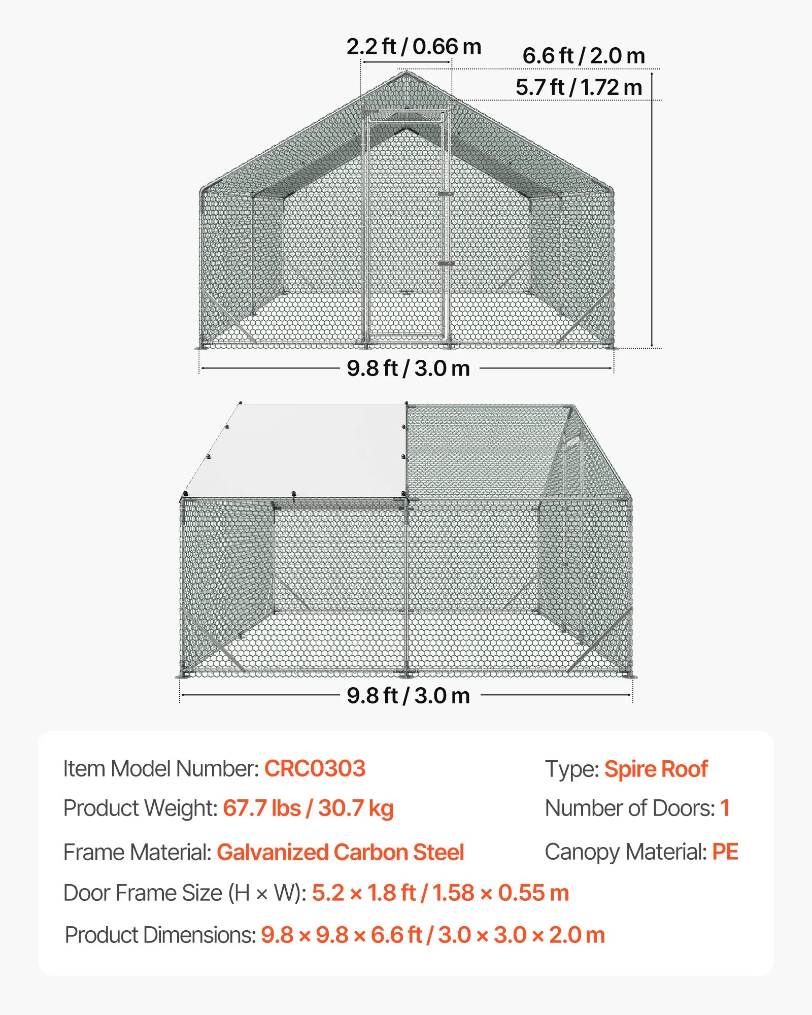 Large Metal Chicken Coop,9.8 x 9.8 x 6.6 ft, Walk-in Chicken Run House with Waterproof Cover & Sturdy Frame, Spire Roof Poultry Cage Duck Pen for Rabbit Hen Goose Outdoor Backyard Farm Use - Image 9