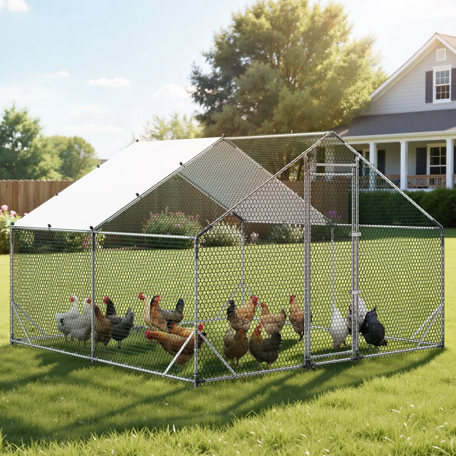 Large Metal Chicken Coop,9.8 x 9.8 x 6.6 ft, Walk-in Chicken Run House with Waterproof Cover & Sturdy Frame, Spire Roof Poultry Cage Duck Pen for Rabbit Hen Goose Outdoor Backyard Farm Use - Image 10