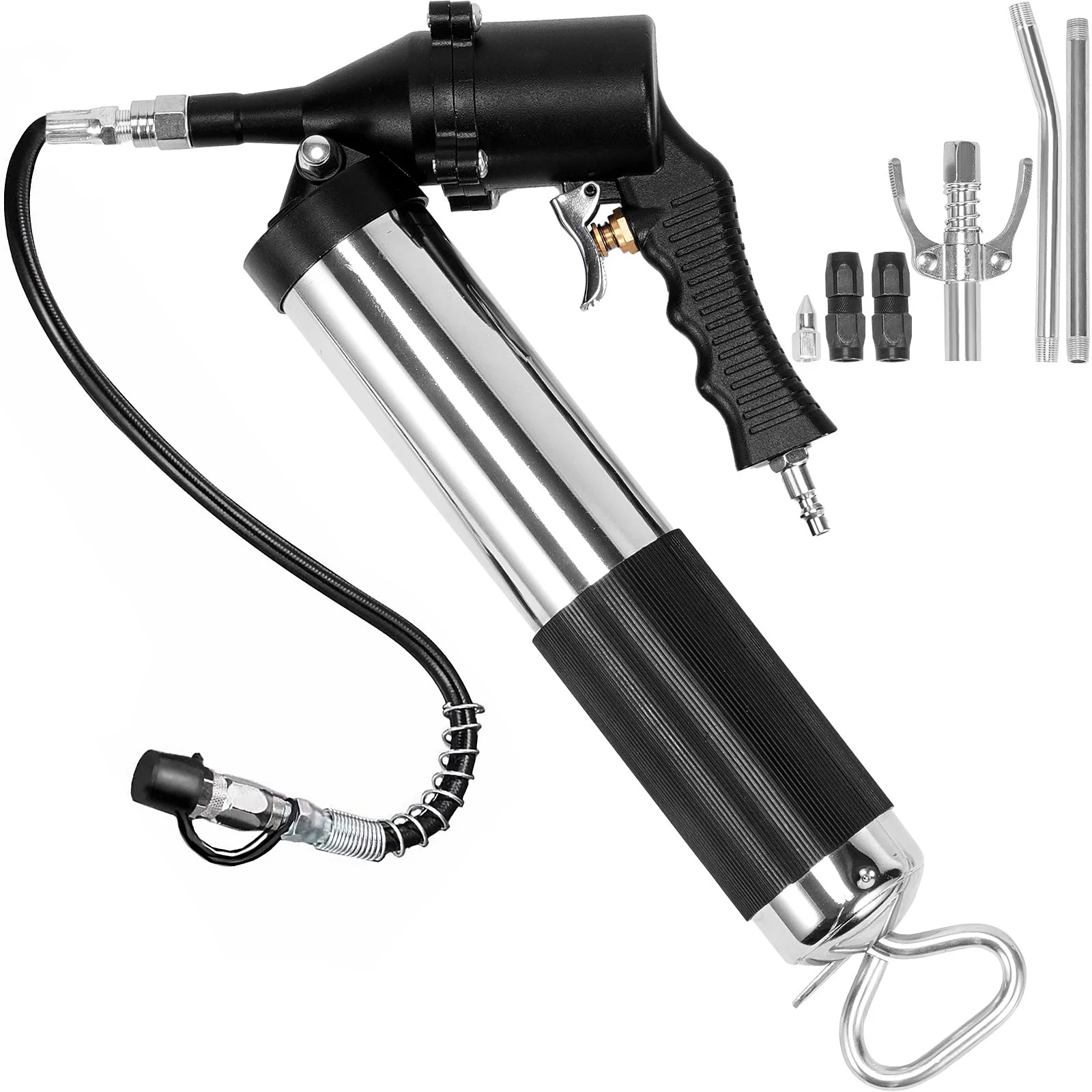 Air Operated Grease Gun, 6000PSI, 14 OZ/400 CC Capacity Heavy Duty Pneumatic Grease Gun, with 18.5 Inch Flexible Hose, 1 Black Flat Coupler Pointed Coupler Bent Metal Pipe Locking Clamp Coupler