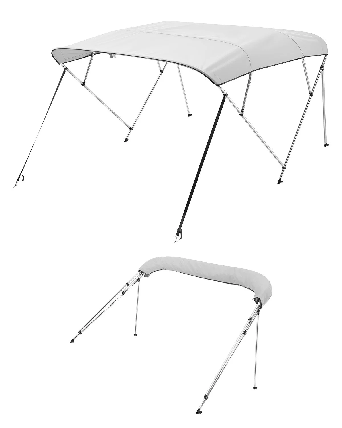 4 Bow Boat Bimini Tops, 600D Polyester Canopy with Aluminum Alloy Frame, Waterproof & Sun Shade Boat Awning Canopy with Storage Bag, 2 Support Poles, 4 Straps, 96"Lx(85"-90")Wx54"H, Light Grey