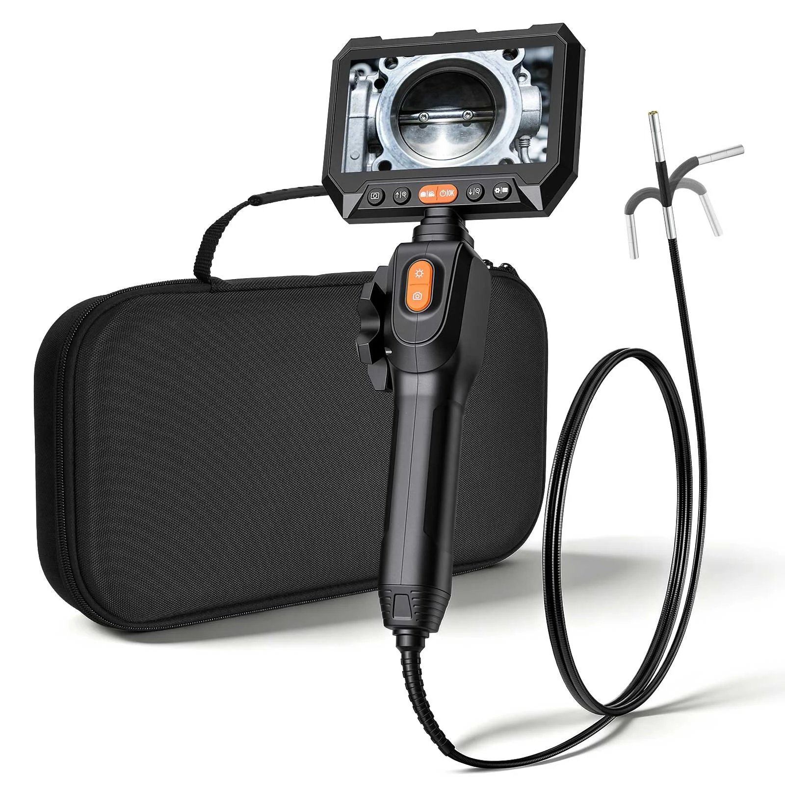 Articulating Borescope with 0.15" Ultra Slim Lens, Two-Way Articulated Endoscope with Light, 5" HD IPS Screen, 8X Zoom, 5000mAh Inspection Camera for Auto, Tight Mechanical Spaces (4.9FT Cable)