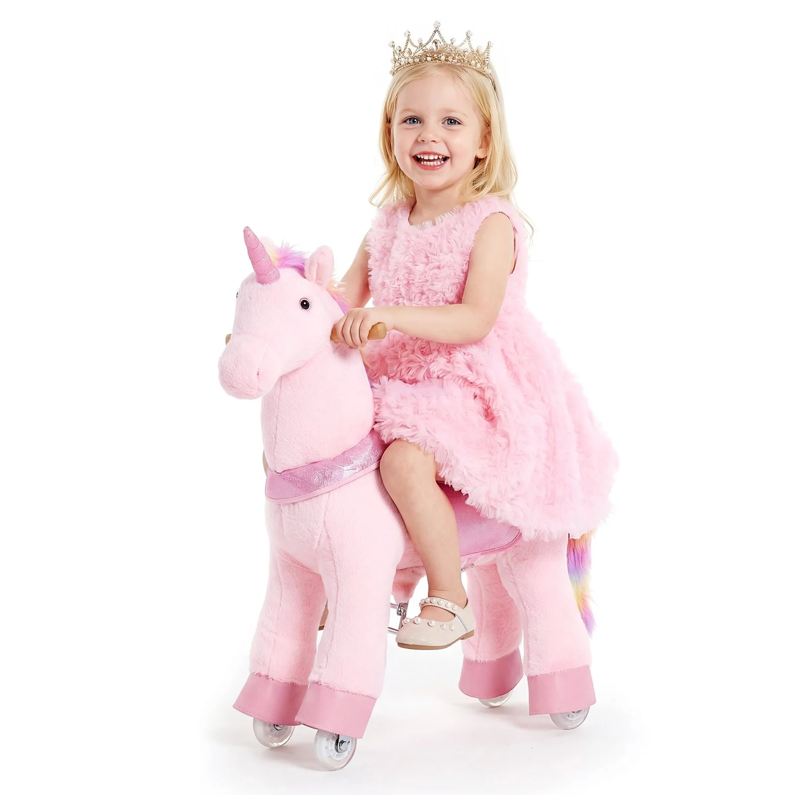 Ride On Horse, Riding Pink Unicorn Toys for Kids, No Battery Required, Smooth Wheels with Anti-Roll Stop Ring, Upgraded Raised Seat, Handles, Pedals, 110 lbs Max Load Capacity for Ages 3-8