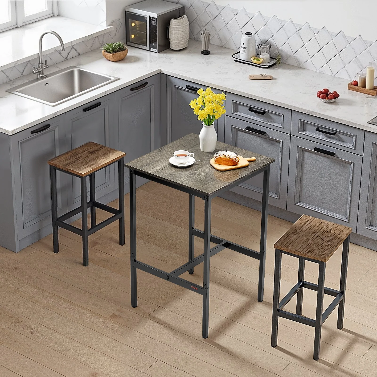 Bar Table, Sturdy Metal Frame High Top Pub Table, Small Kitchen Dining, Cocktail Coffee Counter Bar Height Desk, Easy to Assemble, 24x24x36 in, for Living Room Party, Rustic Brown and Black - Image 4
