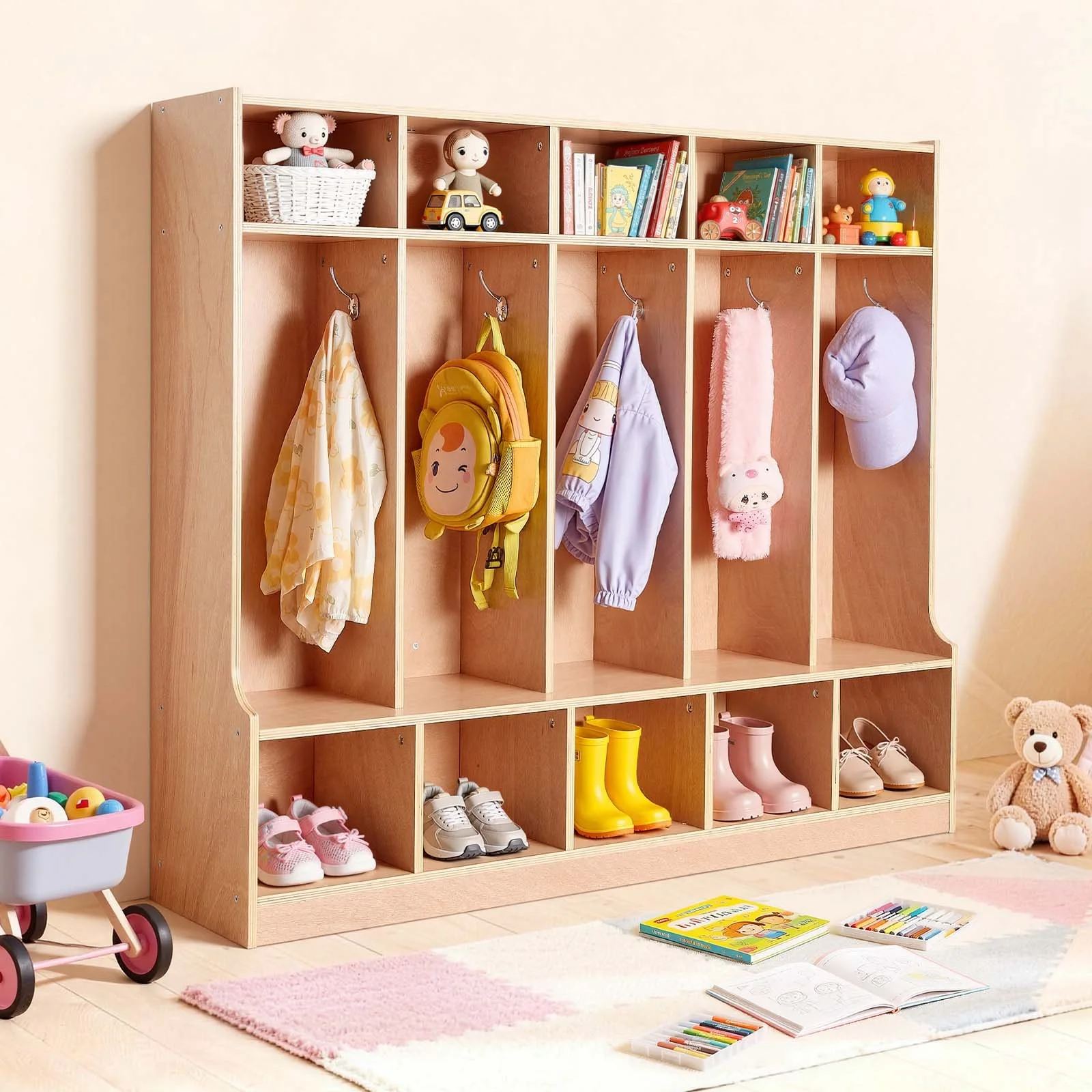 5-Section Kids Coat Locker, Wooden Toddler Cubby Storage Organizer with 10 Hooks & Non-Slip Mat, Modern Kid Coat Cubbies with 10 Small Open Storage Boxes for Home, Kindergarten, Daycare, Natural