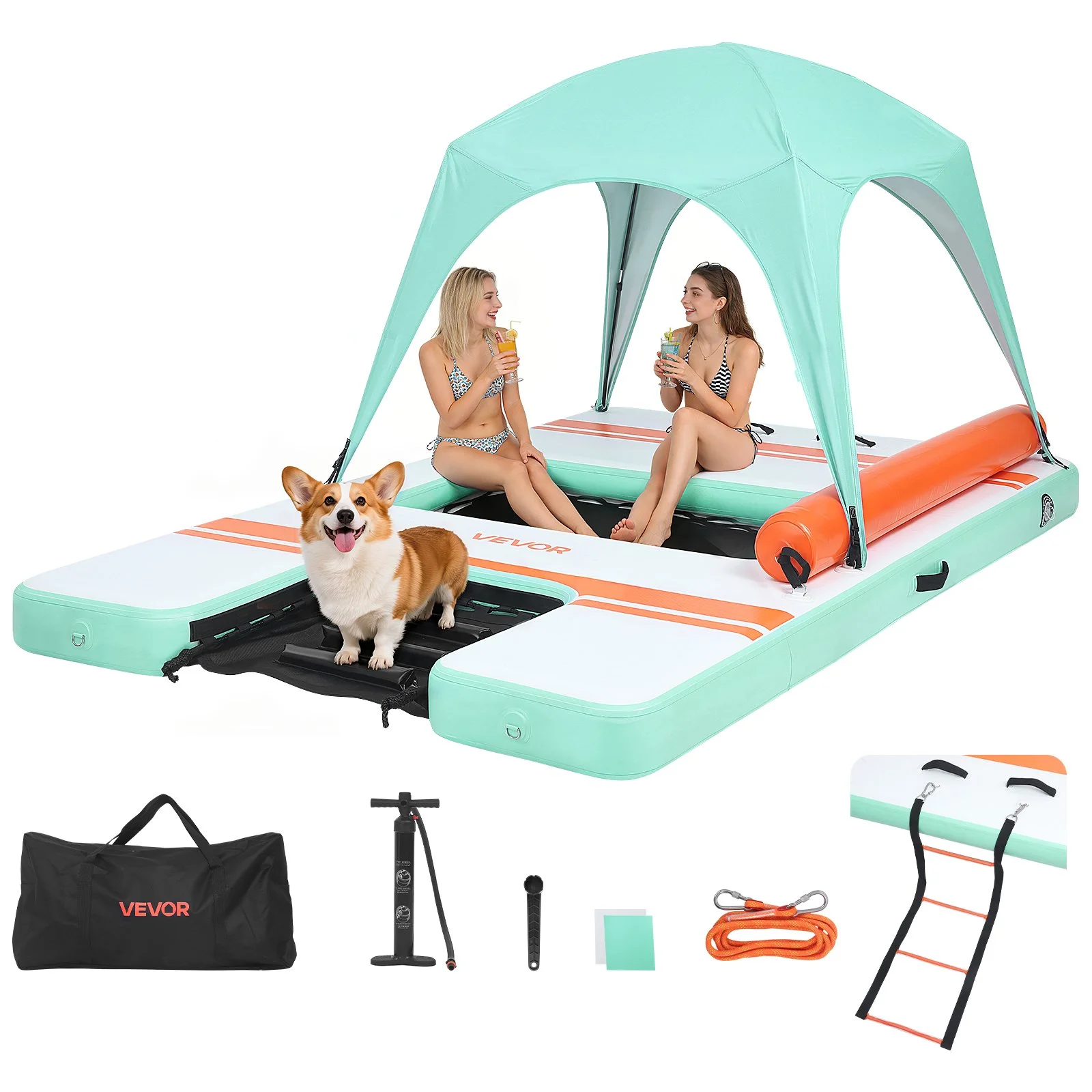 Inflatable Floating Dock, 10 x 6 FT Inflatable Dock Platform, Non-Slip Water Air Mat with Portable Carrying Bag and Detachable Ladder, Floating Water Platform Island Raft for Pool Beach Ocean