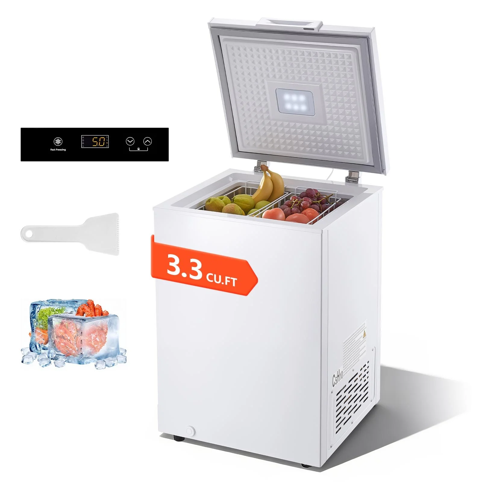 Chest Freezer, 3.3 Cu.ft Compact Deep Freezer, Free Standing Top Open Door Chest Freezers with 2 Removable Baskets & Adjustable Thermostat - Energy Saving, Low Noise & Garage Ready, White