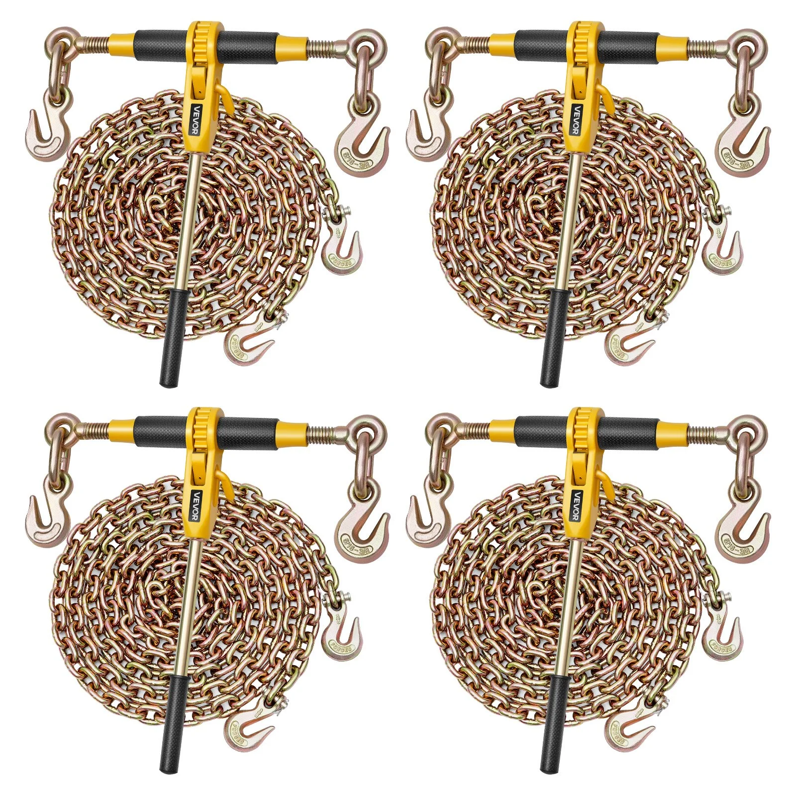 Ratchet Chain Binder, 5/16 in x 12.8 ft G80 Chains, 8000 lbs Working Load of Ratchet Load Binder, Chains and Binders Set, Tie Down Hauling Chain Binders for Hauling, Towing, Logging (4 Sets)