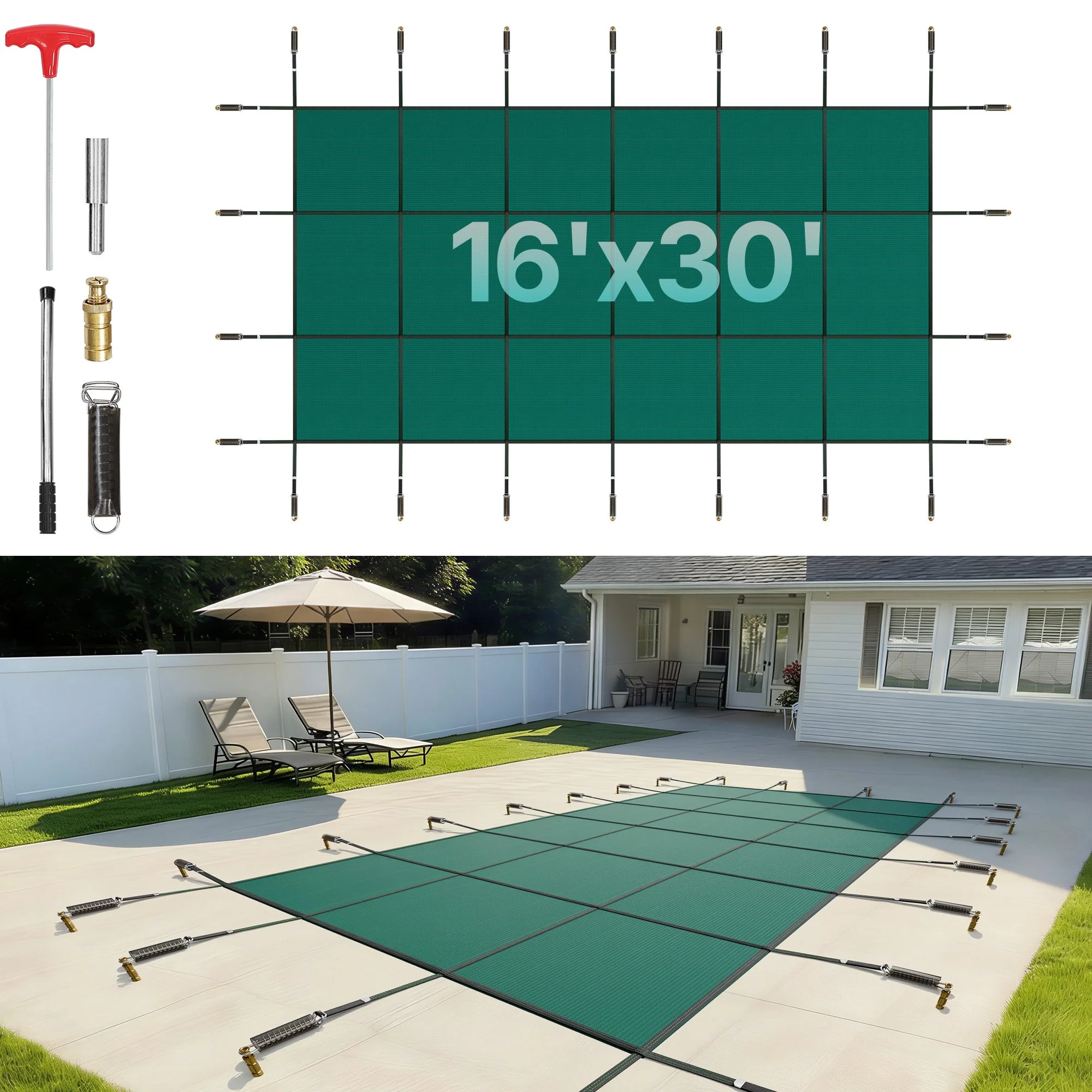 Inground Pool Safety Cover, 16 ft x 30 ft Rectangular Winter Pool Cover, Triple Stitched, High Strength Mesh PP Material with Good Rain Permeability, Installation Hardware Included, Green