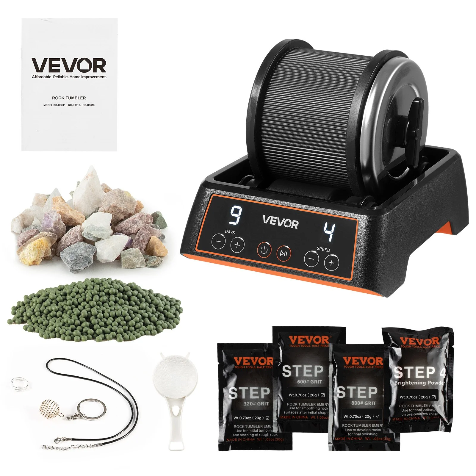 Rock Tumbler, 1 lb Rock Polishing Machine, Rocks Tumbling Kit with 4-Speed Adjustment, 1–9 Day Timer, Direct Drive Motor Rocks Polishing Kit for Rose Quartz, Amethyst, Quiet Operation