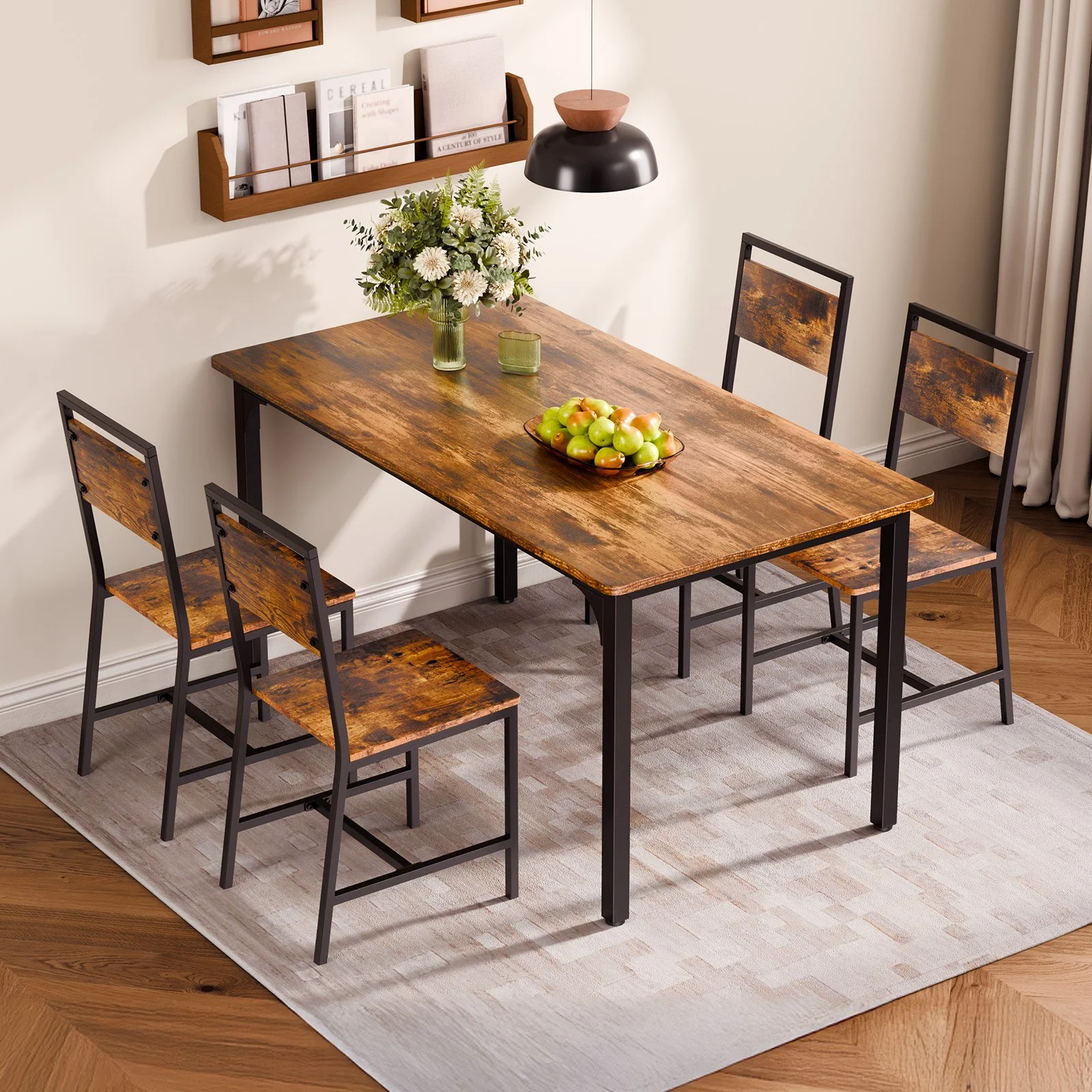 Dining Chairs Set of 4, Wooden Table Chairs with Metal Frame and Backrest, Easy to Assemble Leather Side Chair, Modern Farmhouse Walnut Chair for Kitchen Living Room, Rustic Brown and Black - Image 9