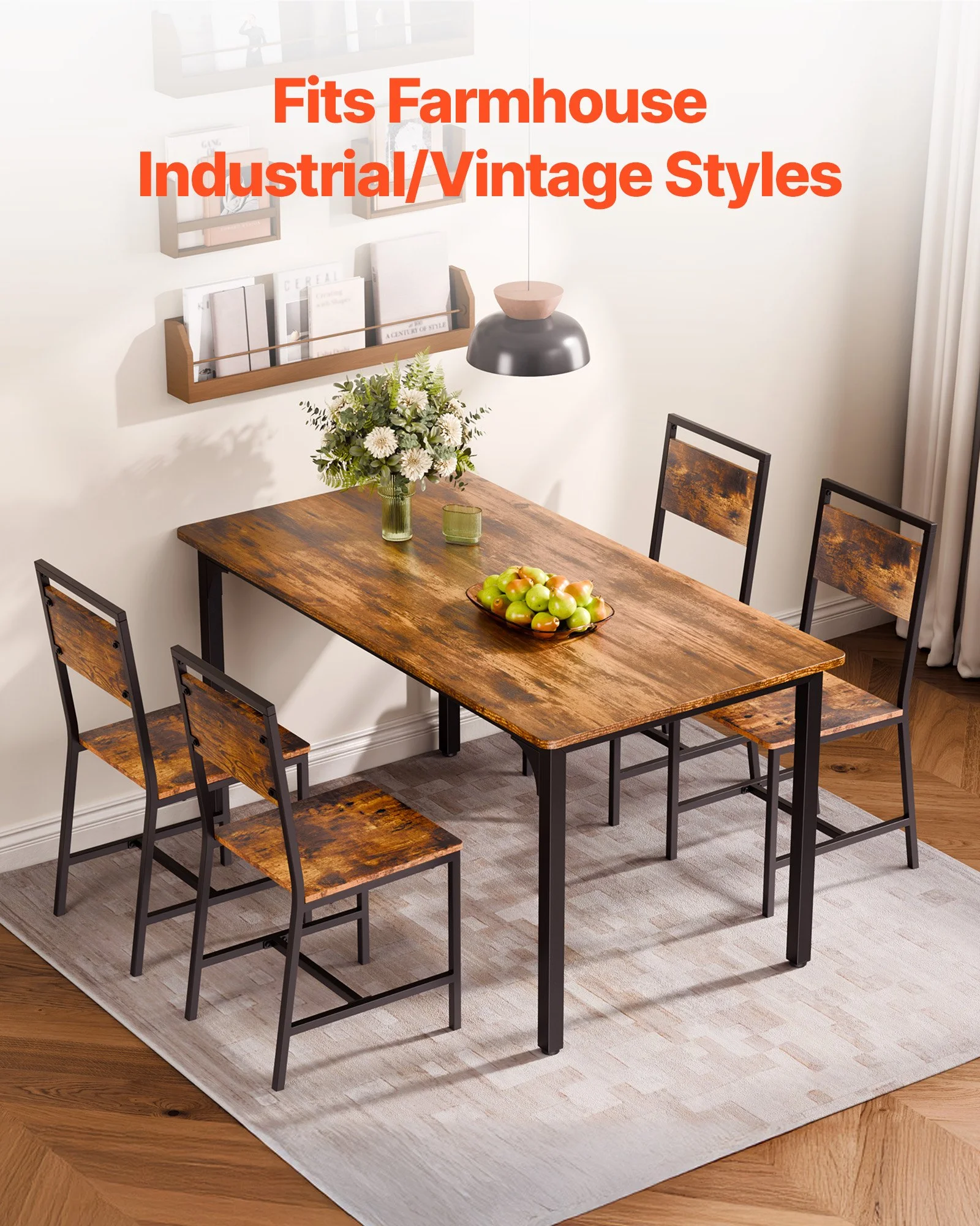 Dining Chairs Set of 4, Wooden Table Chairs with Metal Frame and Backrest, Easy to Assemble Leather Side Chair, Modern Farmhouse Walnut Chair for Kitchen Living Room, Rustic Brown and Black - Image 7