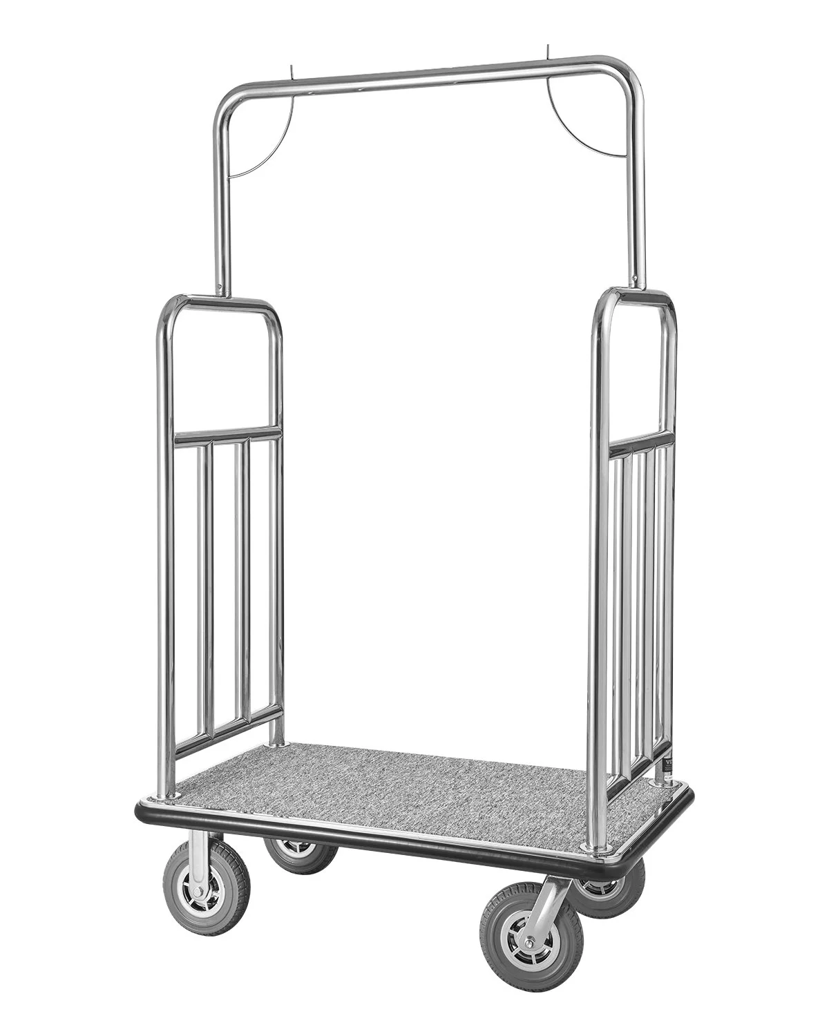 Hotel Luggage Cart, 1200 LBS Load Capacity, Brushed Stainless Steel Finish Bellman's Cart, Valet Cart with Grey Carpeted Deck and 8-inch Rubber Wheels, Ideal for Hotels, Condos, Resorts, Silver