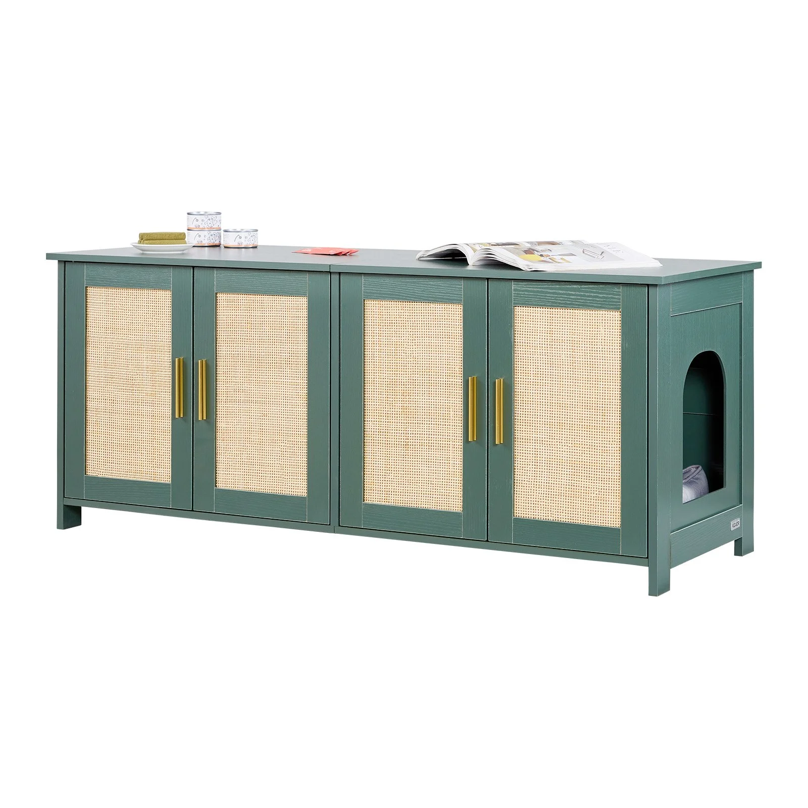 Cat Litter Box Enclosure for Multi Cats, 47.2 in Hidden Litter Box Cabinet with 4 Rattan Doors & 2 Entries, Indoor Cat Washroom, Wooden Kitty House Furniture, Fit Most Litterboxes, Green