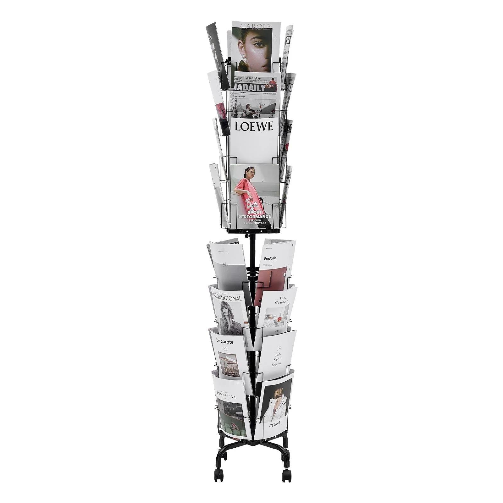 Greeting Cards Display Rack, 32 Pockets Rotating Postcard Brochure Display Stand, 360° Spinning Card Display Rack with Sign Holder & 4 Wheels (2 Lockable) for Exhibitions Office Trade Show