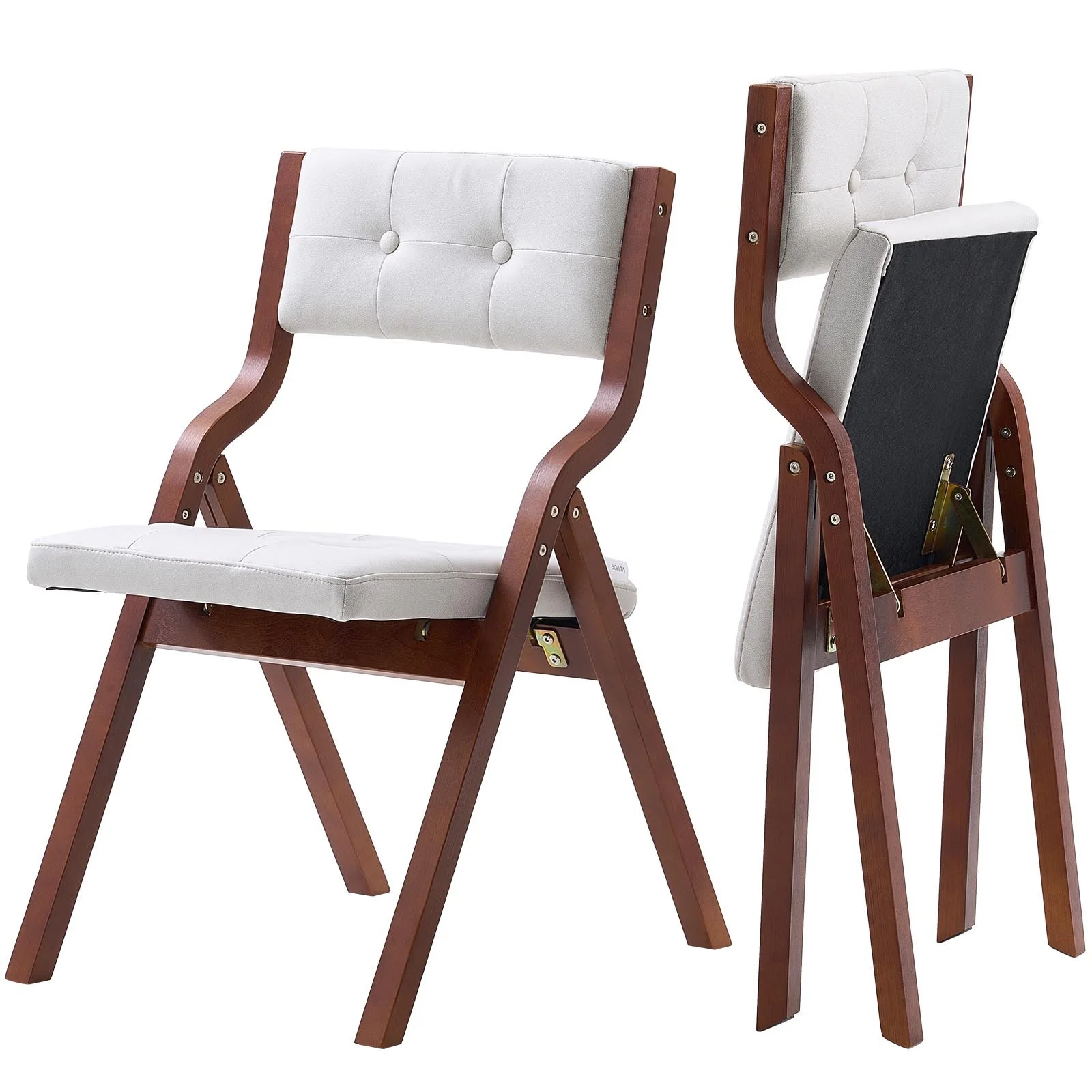 Wooden Folding Chairs with Cushion, Set of 2, Portable Foldable Cushion Chair with Wooden Frame, Modern Padded Dining Chair for Kitchen, Office, Wedding, Party, Dining Room, Easy Assembly, White