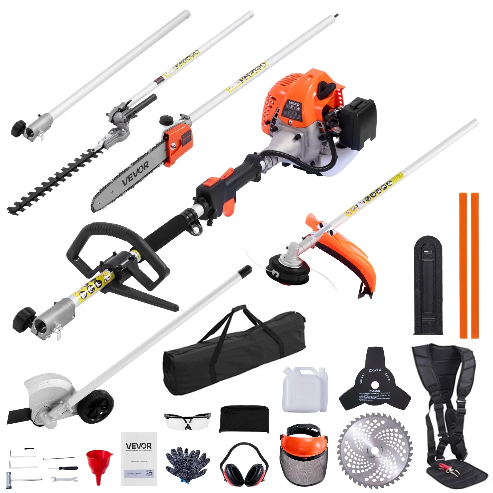 Gas Hedge Trimmer, 2 Cycle Gas Power Handheld Trimmer, 6-in-1 26cc Weed Eater with Extension Pole & Protective Gear Set, Includes Hedge & String Trimmer, Brush Cutter(3T & 40T), Edger, Pole Saw