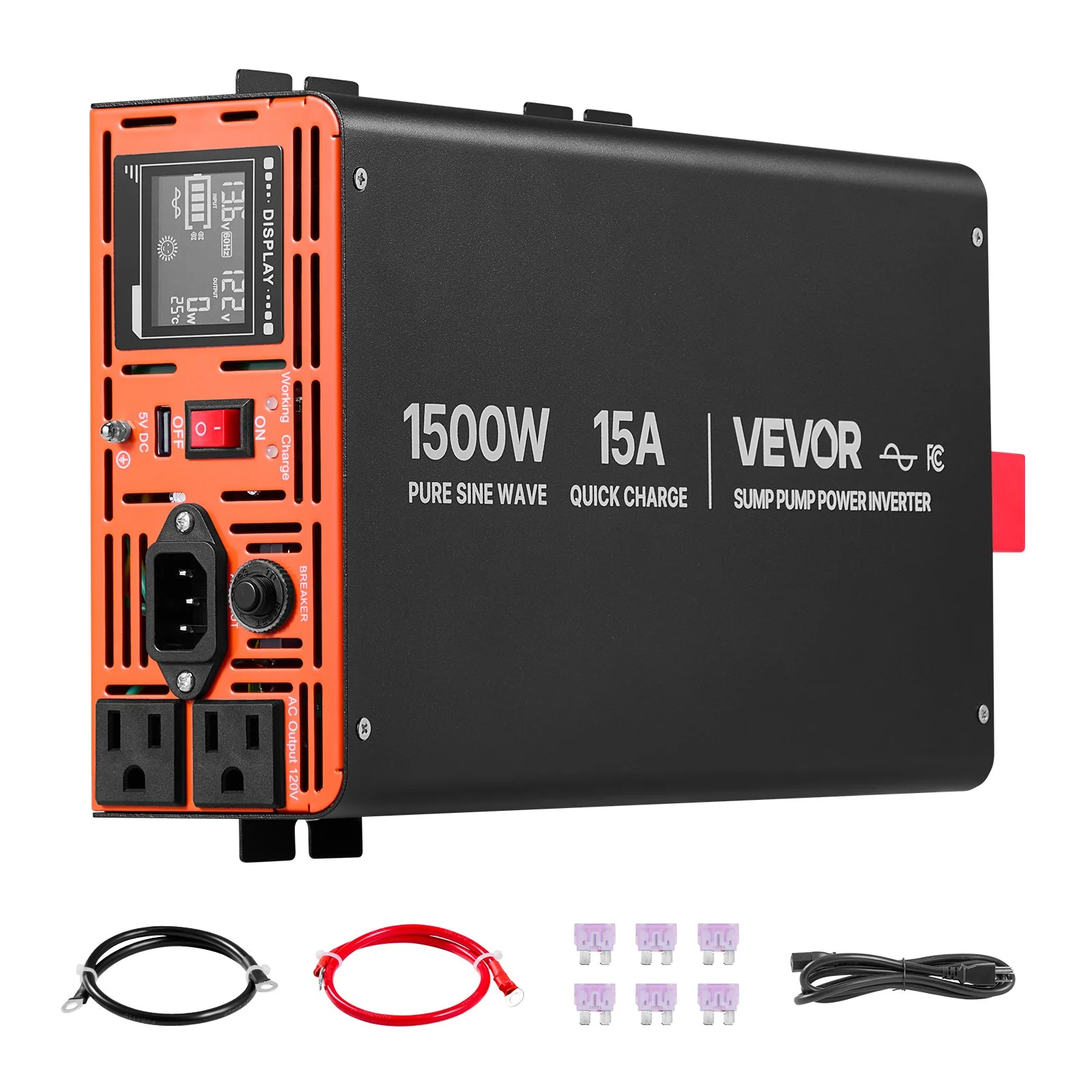 1500W Sump Pump Battery Backup System, LCD Display, Auto Switches to Battery Inverter Power for Sump Pump, Pure Sine Wave, for Basement Protection Emergency Power Outage, Batteries Not Included