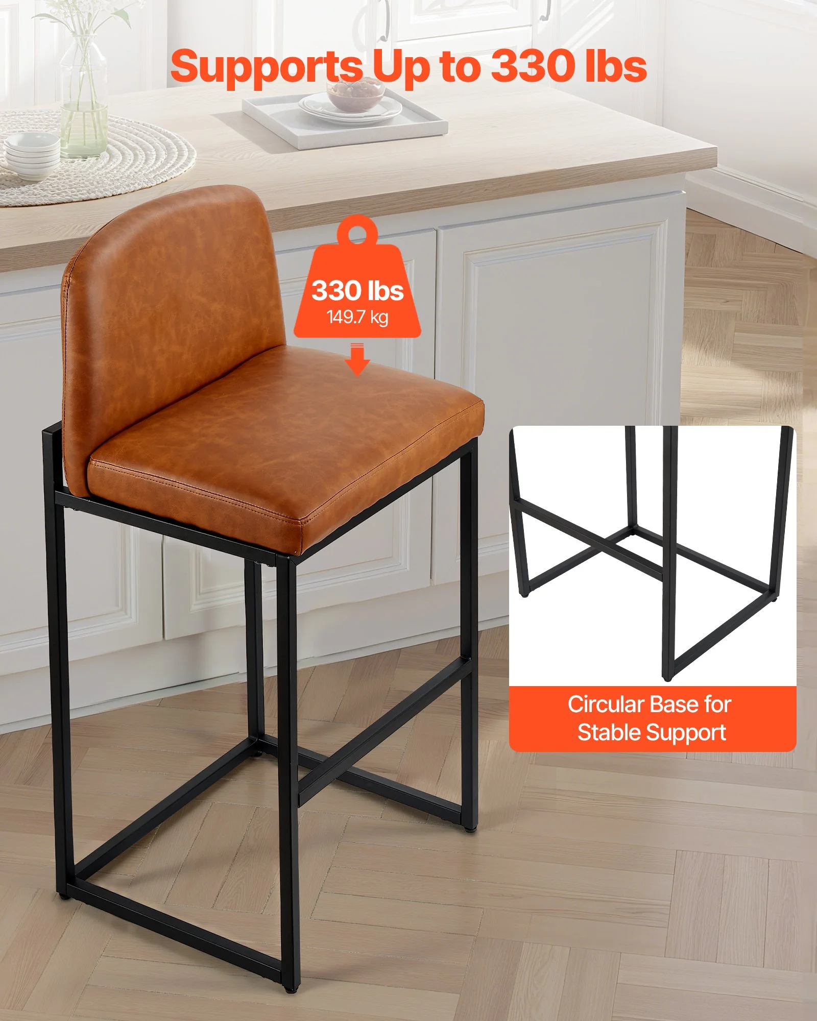 Bar Stool Set of 4, 27 inch Counter Height Stools, Modern PU Leather Counter Barstool with Backrest, Metal Legs, Easy Assembly Armless Bar Chair, Island Barstool for Kitchen, Dining Room, Brown - Image 6